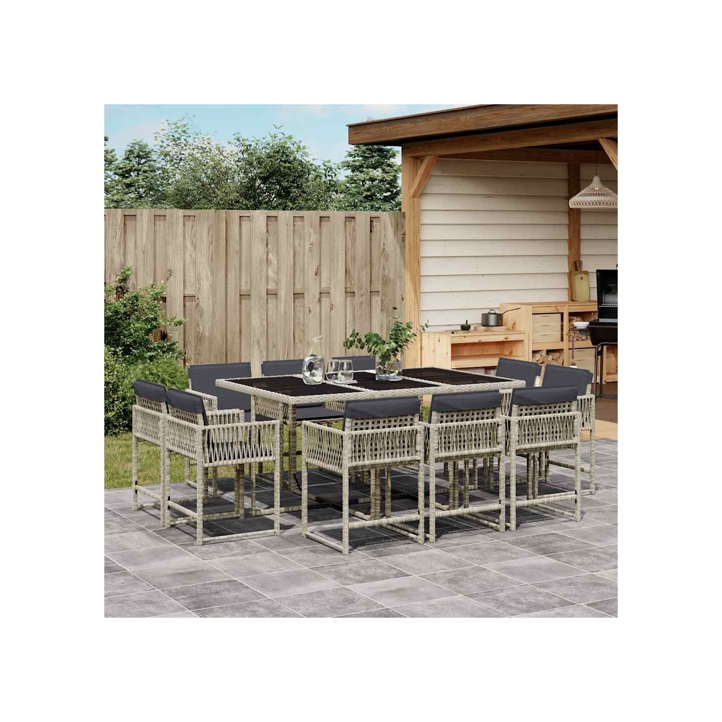 Ensemble à manger de jardin 11pcs avec coussins gris poly rotin