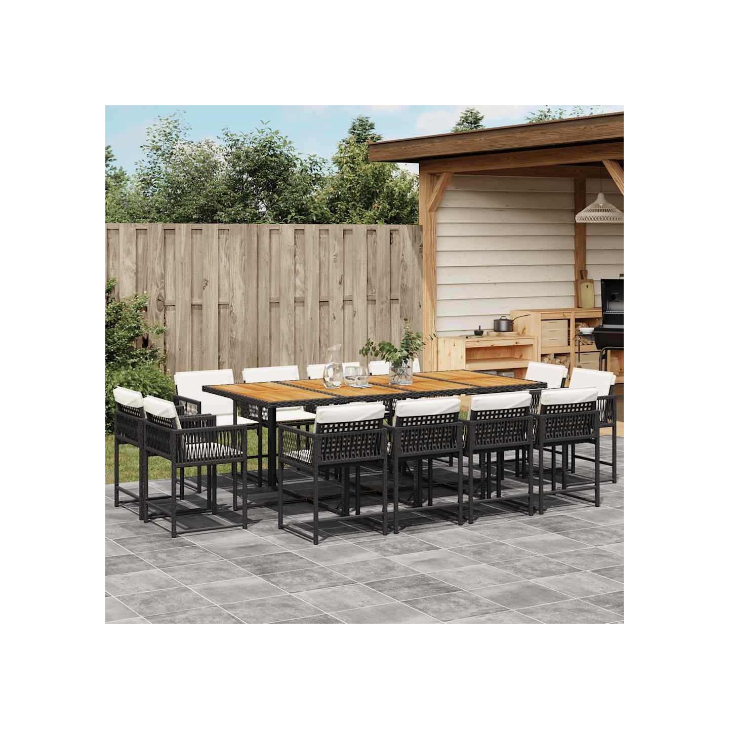 Ensemble à manger de jardin 13 pcs coussins noir résine tressée