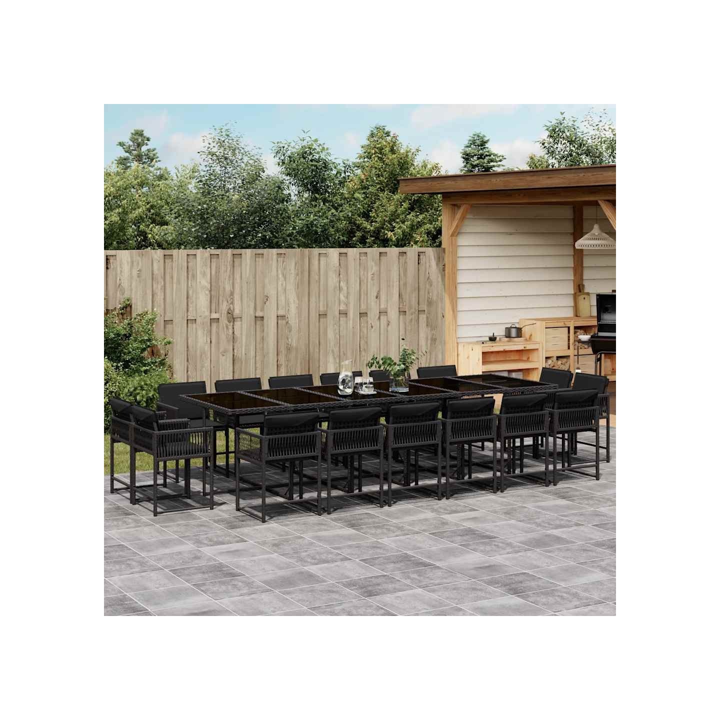 Ensemble à manger de jardin 17 pcs coussins noir résine tressée