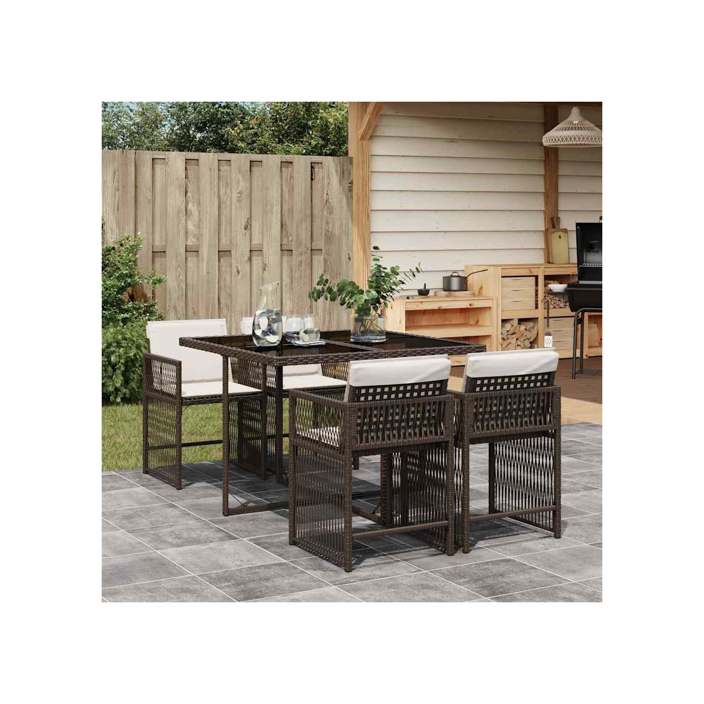 Ensemble à manger de jardin 5 pcs et coussins marron poly rotin