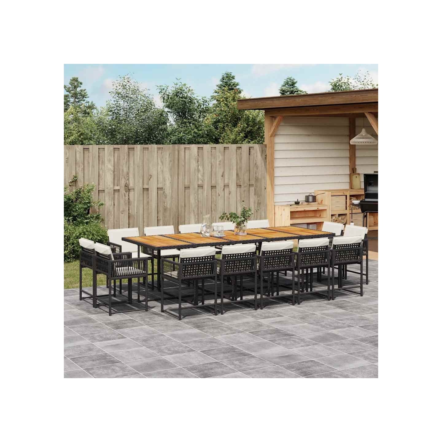 Ensemble à manger de jardin 15 pcs coussins noir résine tressée