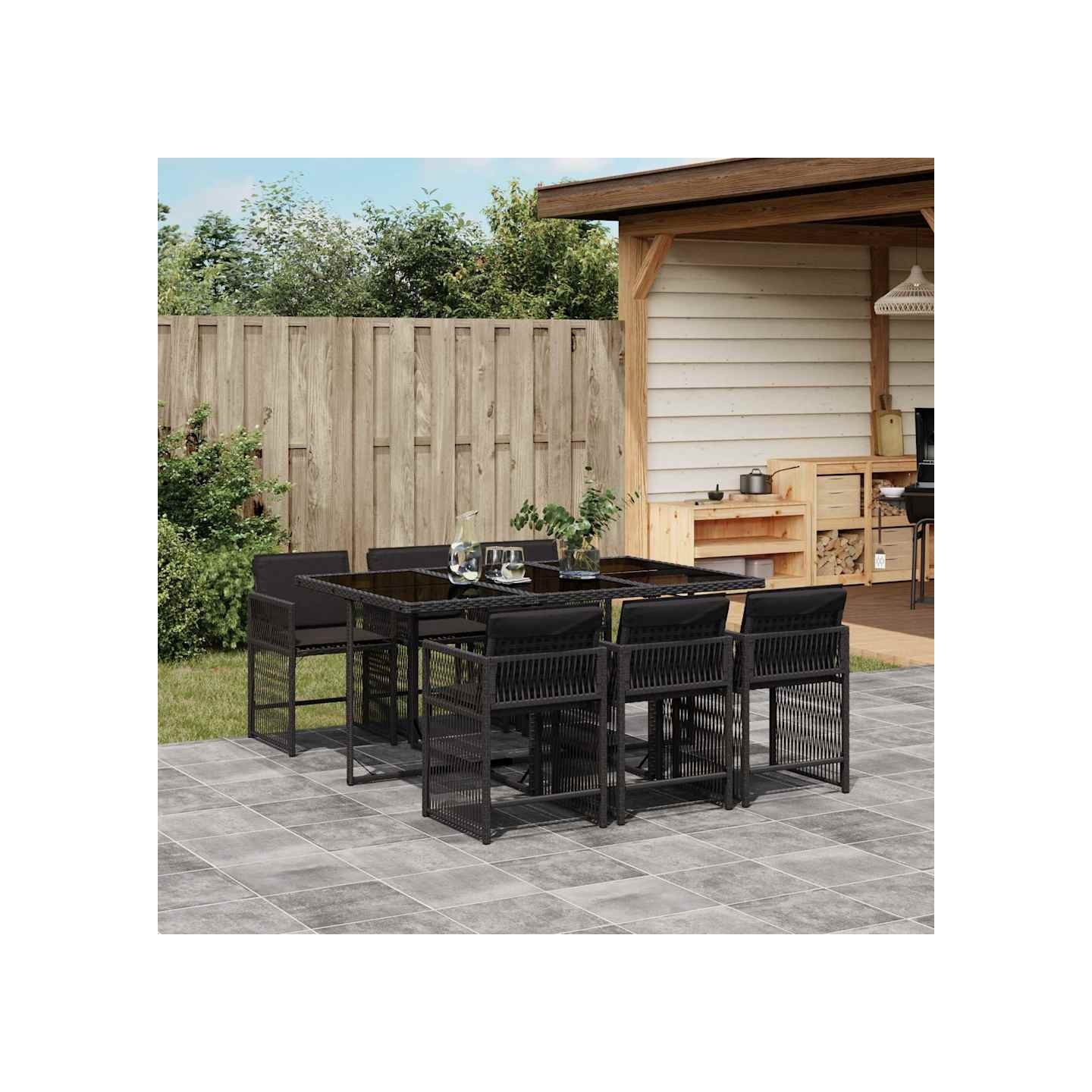 Ensemble à manger de jardin coussins 7pcs Noir Résine tressée