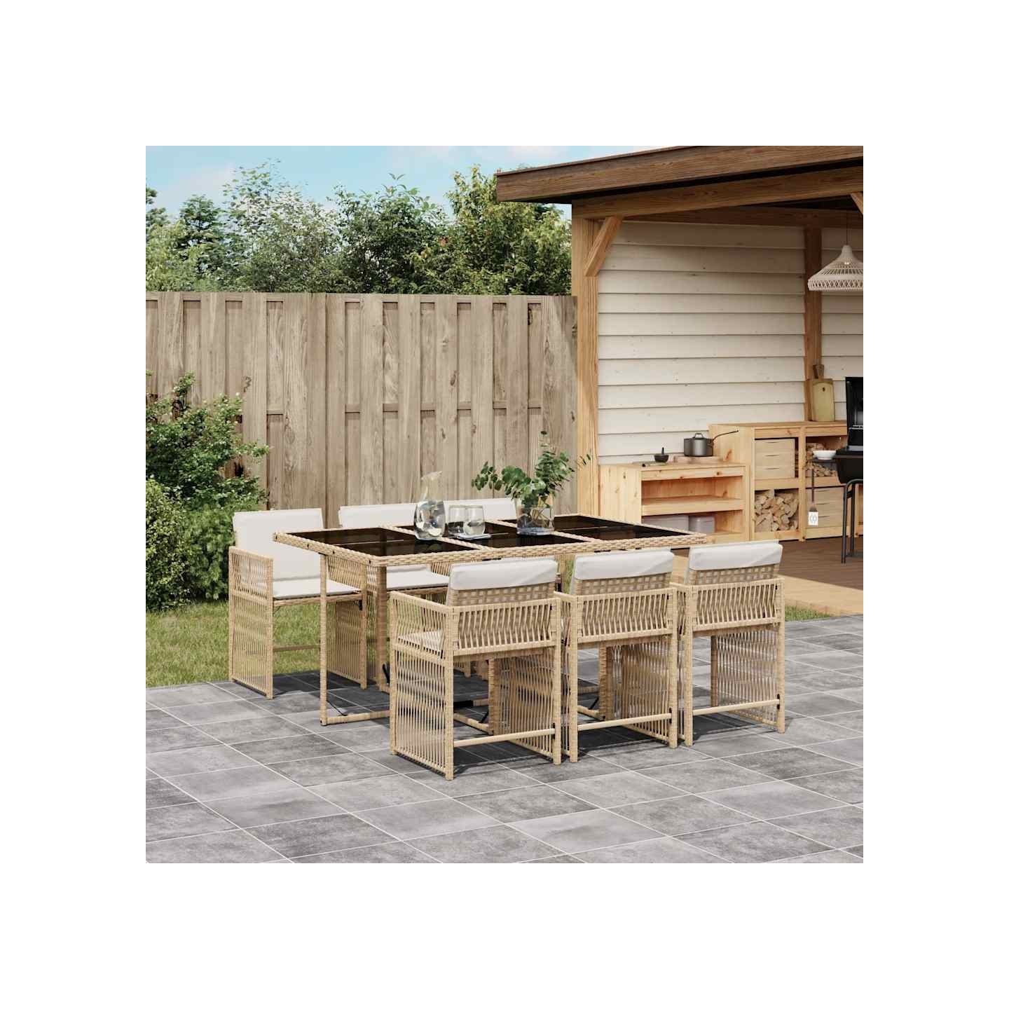 Ensemble à manger de jardin et coussins 7 pcs beige poly rotin