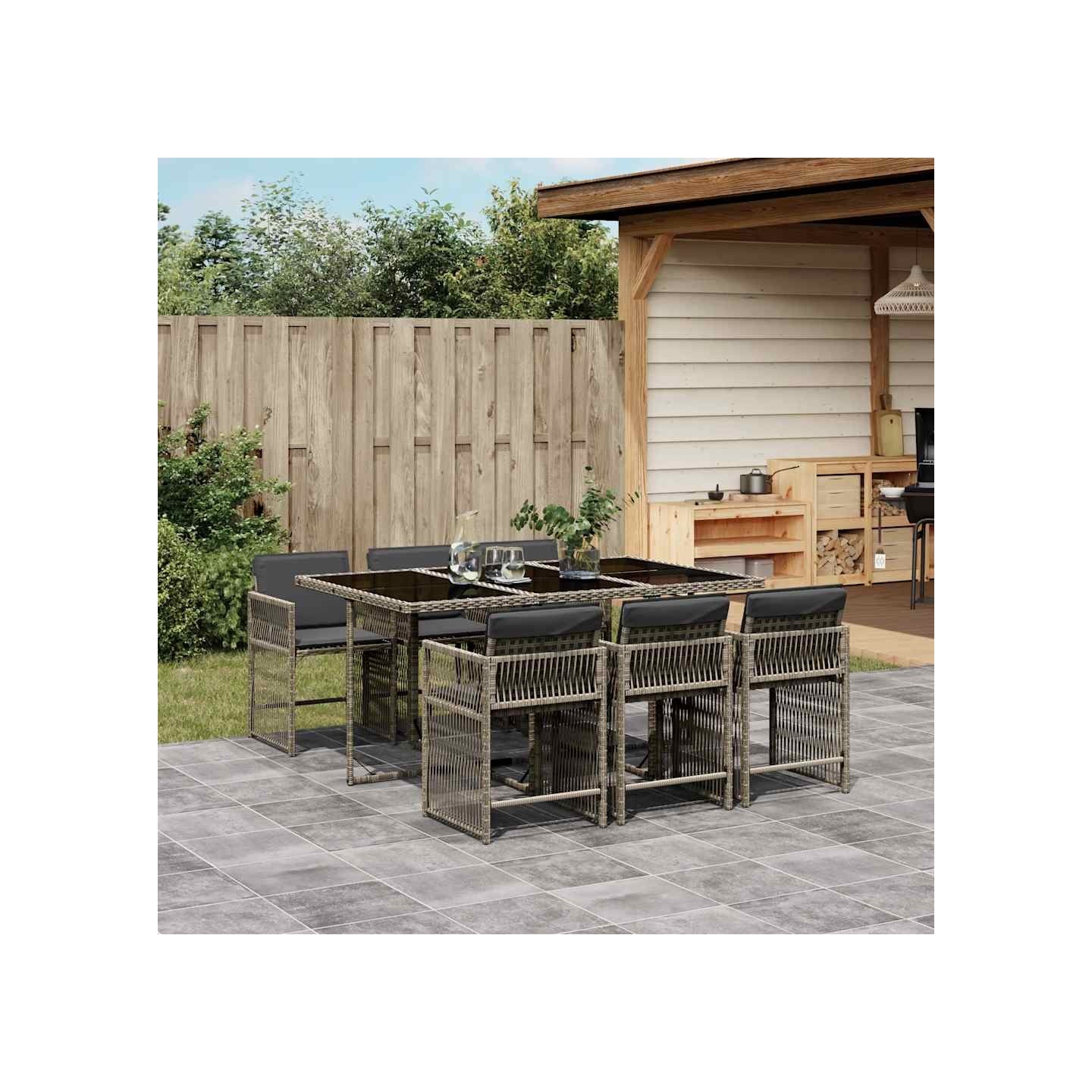 Ensemble à manger de jardin et coussins 7 pcs gris rotin