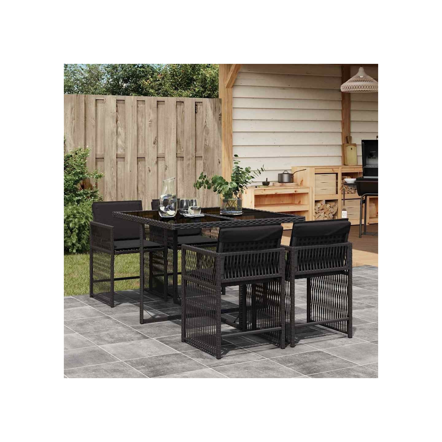 Ensemble à manger de jardin coussins 5pcs Noir Résine tressée