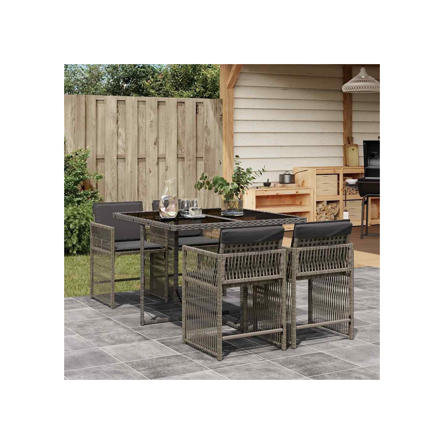 Ensemble à manger de jardin 5 pcs coussins gris résine tressée