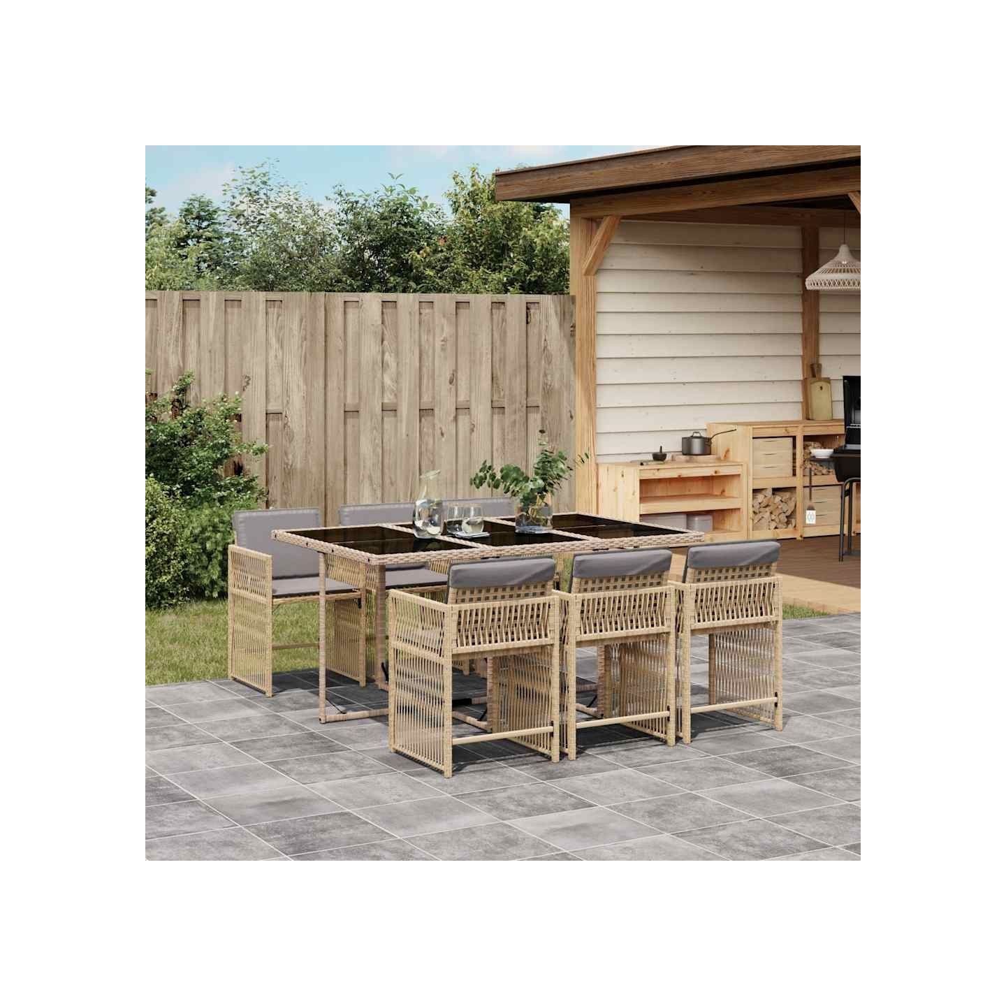Ensemble à manger de jardin coussins 7 pcs mélange beige rotin