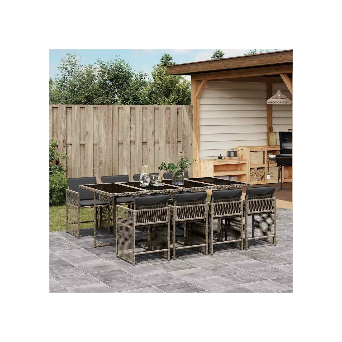 Ensemble à manger de jardin 9 pcs coussins gris résine tressée