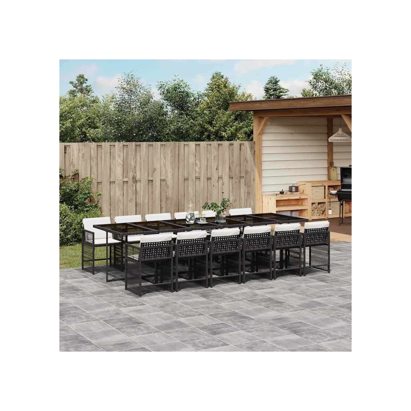 Ensemble à manger de jardin 13 pcs coussins noir résine tressée