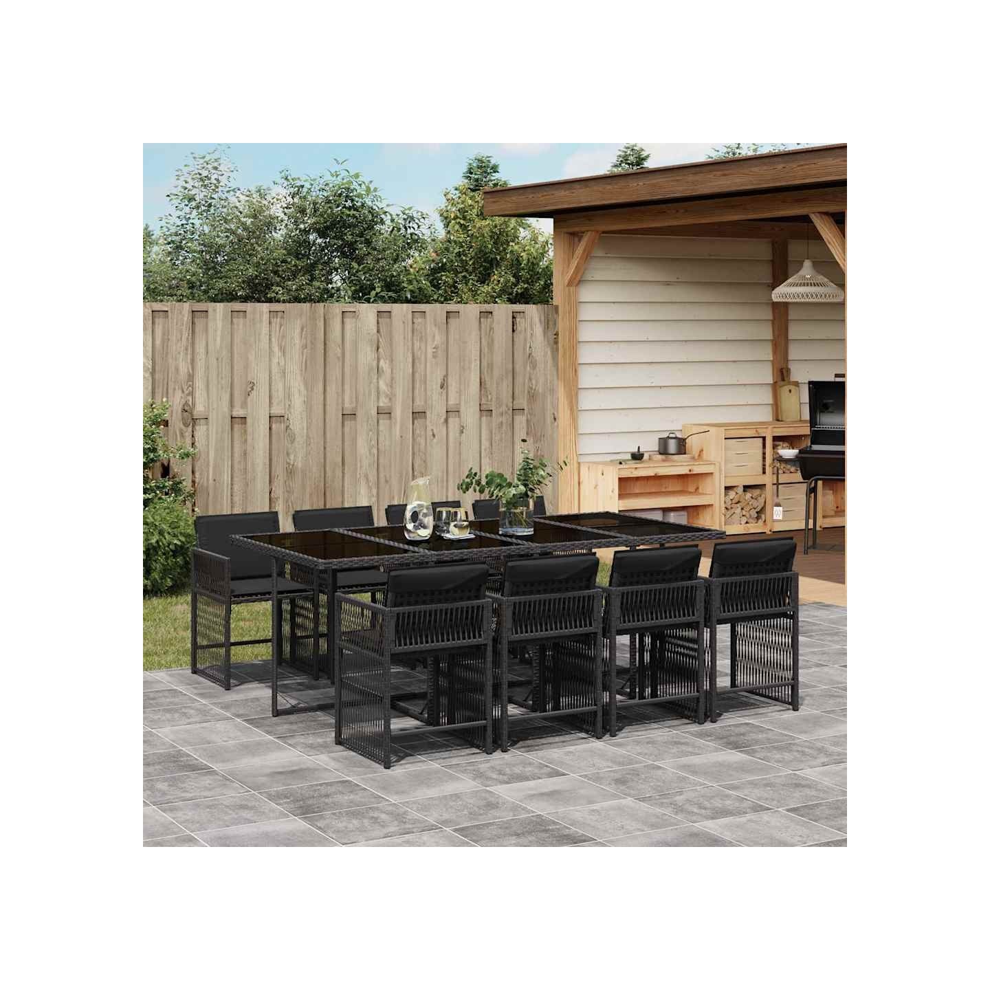 Ensemble à manger de jardin 9pcs coussins noir résine tressée