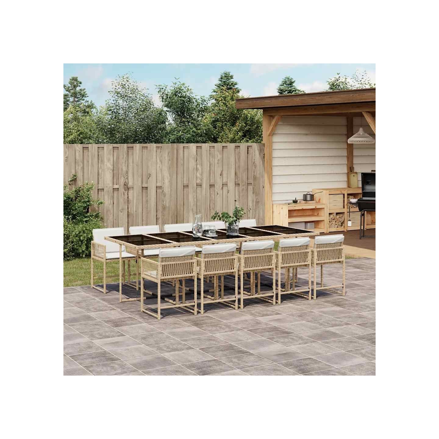 Ensemble à manger de jardin et coussins 11 pcs beige poly rotin