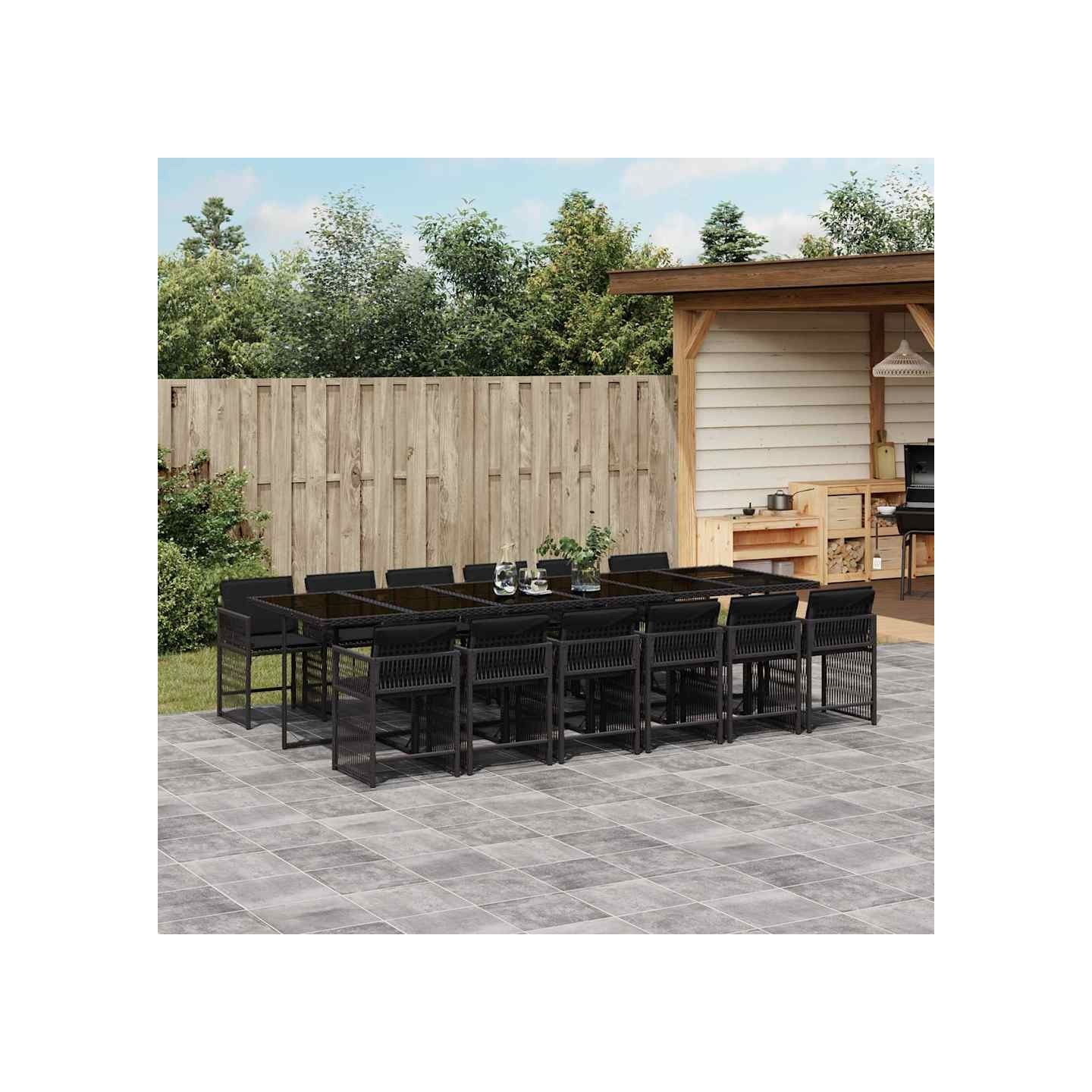 Ensemble à manger de jardin 13 pcs coussins noir résine tressée
