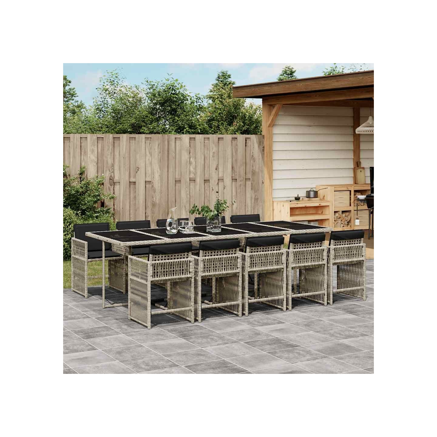 Ensemble à manger de jardin 11pcs avec coussins gris poly rotin