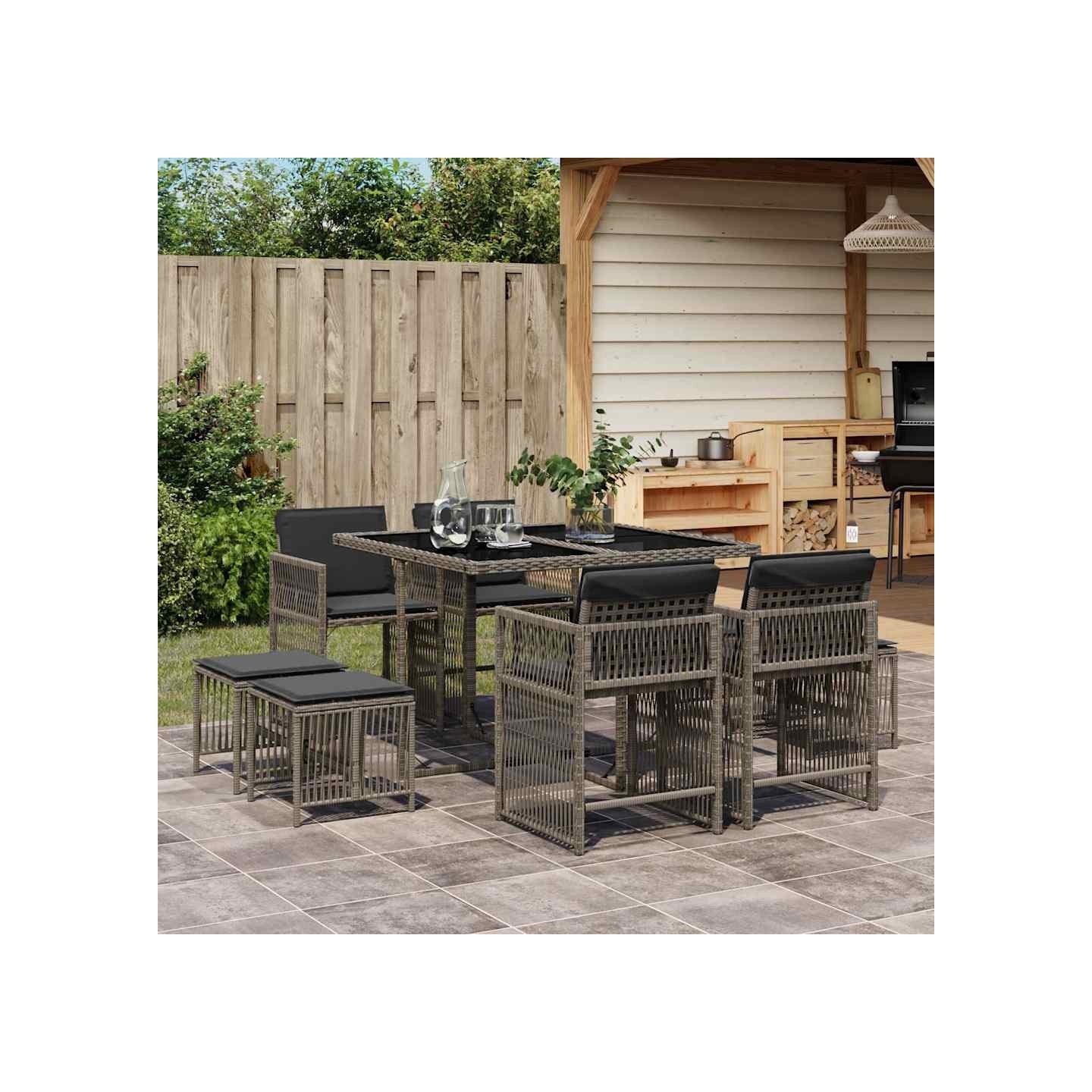 Ensemble à manger de jardin 9 pcs coussins gris résine tressée