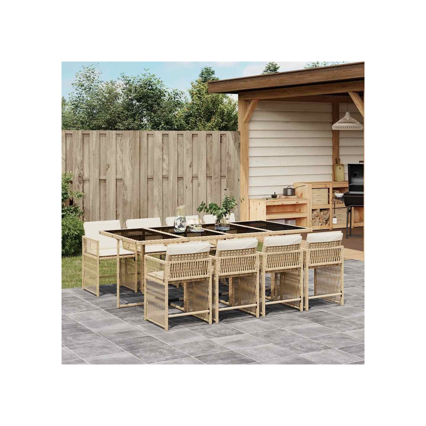 Ensemble à manger de jardin et coussins 9 pcs beige Poly rotin