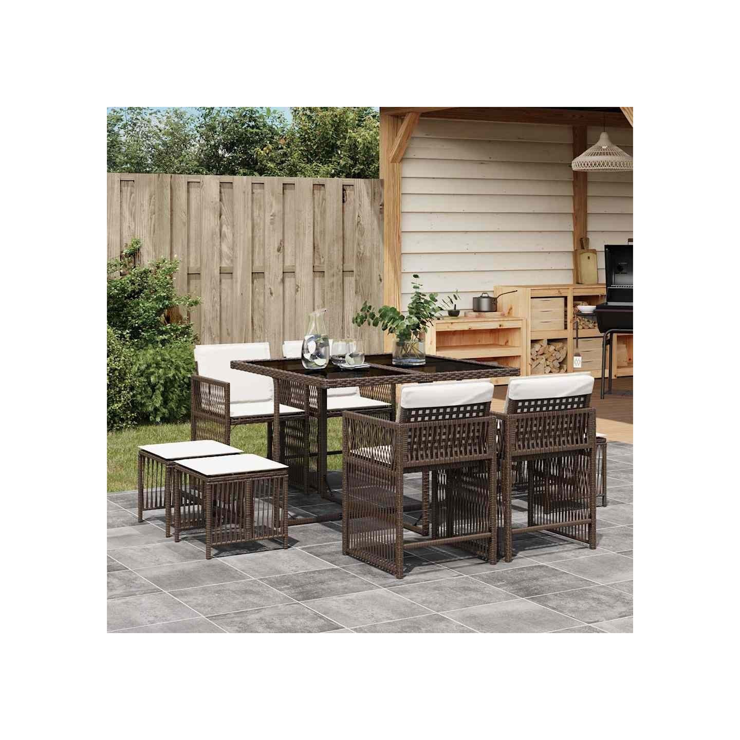 Ensemble à manger de jardin et coussins 9 pcs marron poly rotin