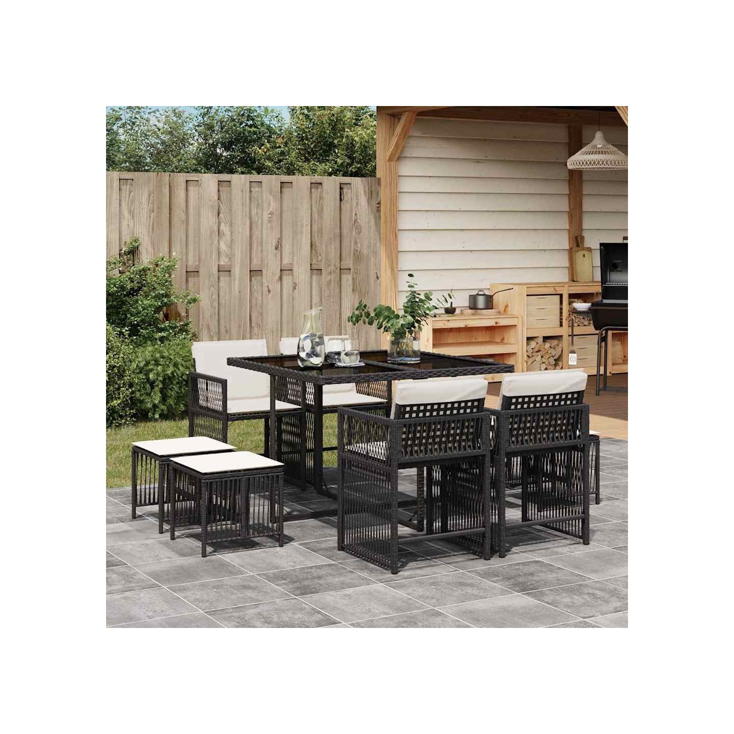 Ensemble à manger de jardin 9pcs coussins noir résine tressée