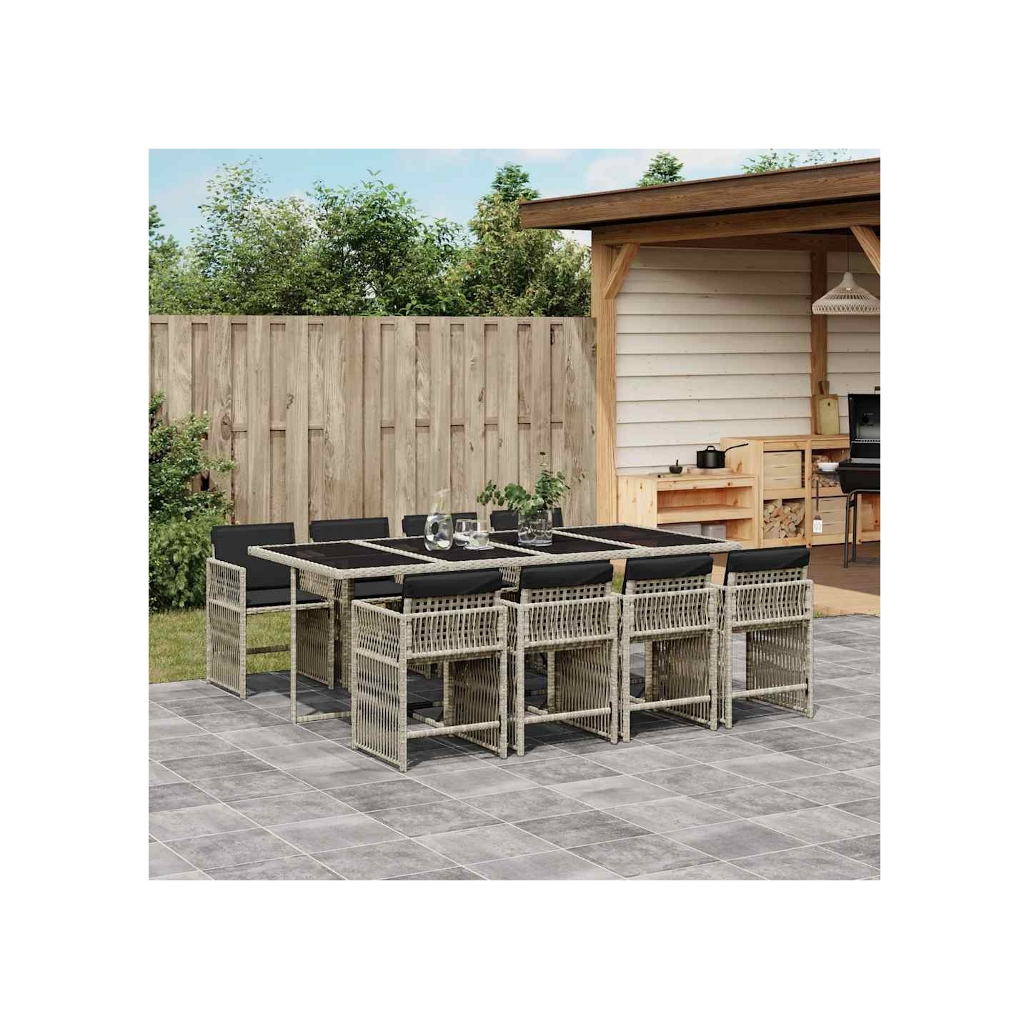 Ensemble à manger de jardin et coussins 9 pcs gris clair rotin