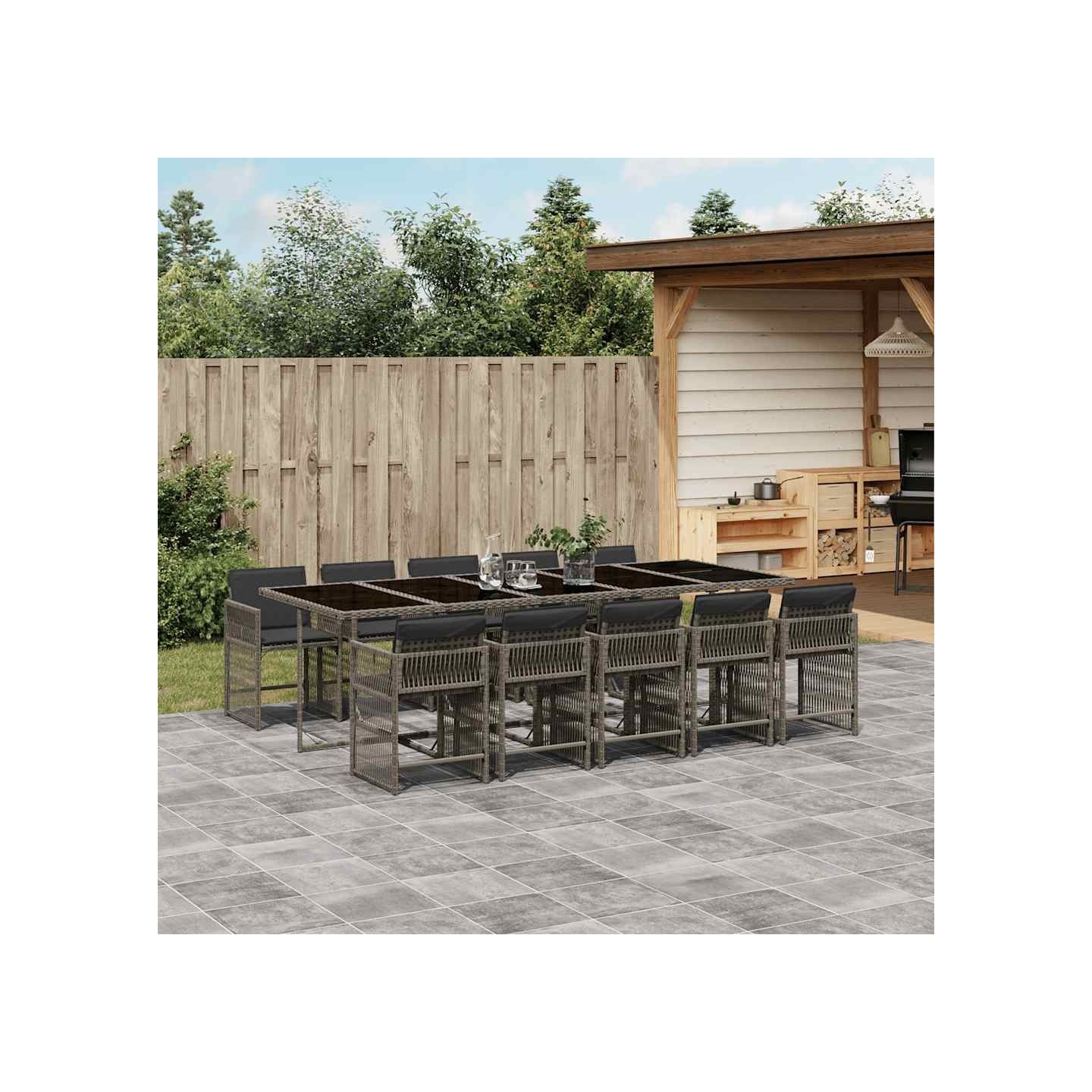 Ensemble à manger de jardin 11pcs avec coussins gris poly rotin
