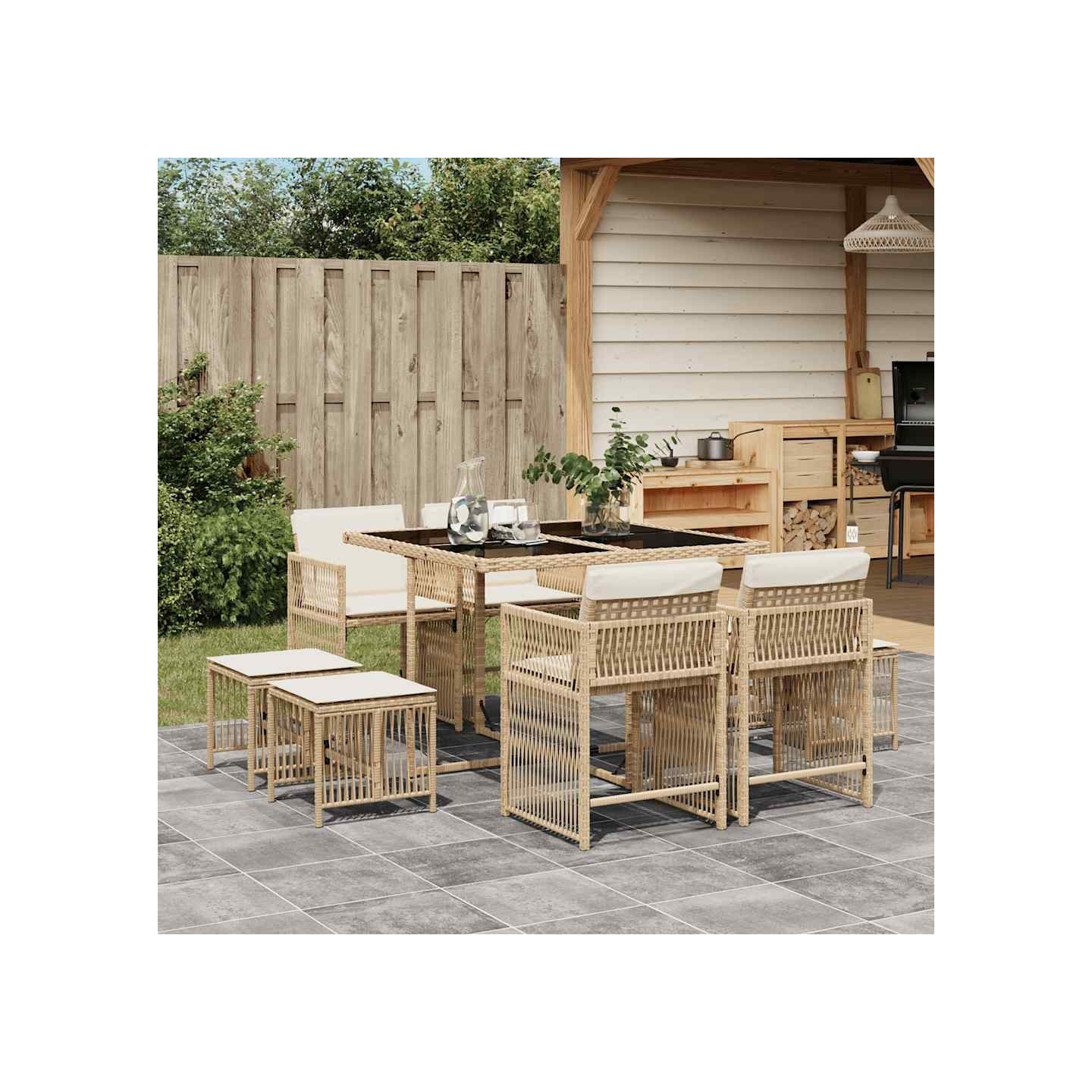 Ensemble à manger de jardin et coussins 9 pcs beige Poly rotin