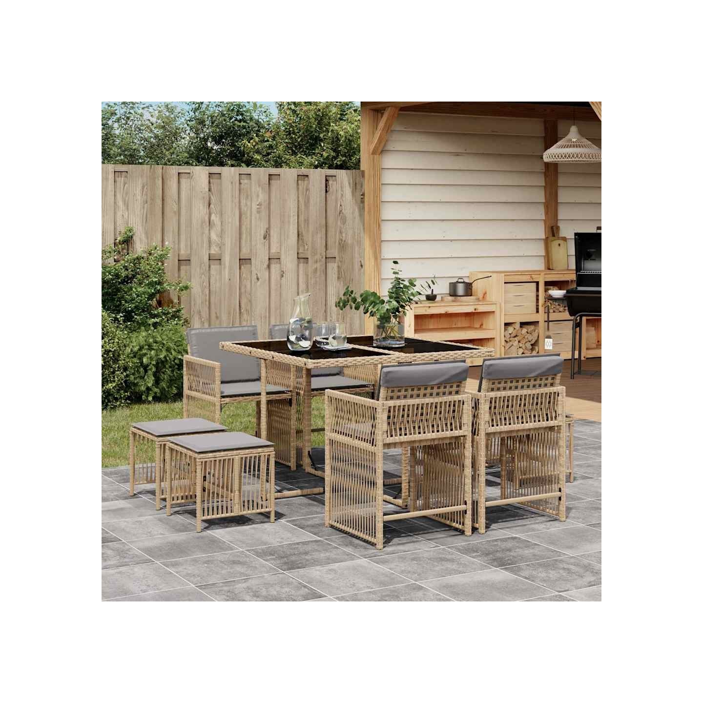 Ensemble à manger de jardin et coussins 9 pcs mélange beige