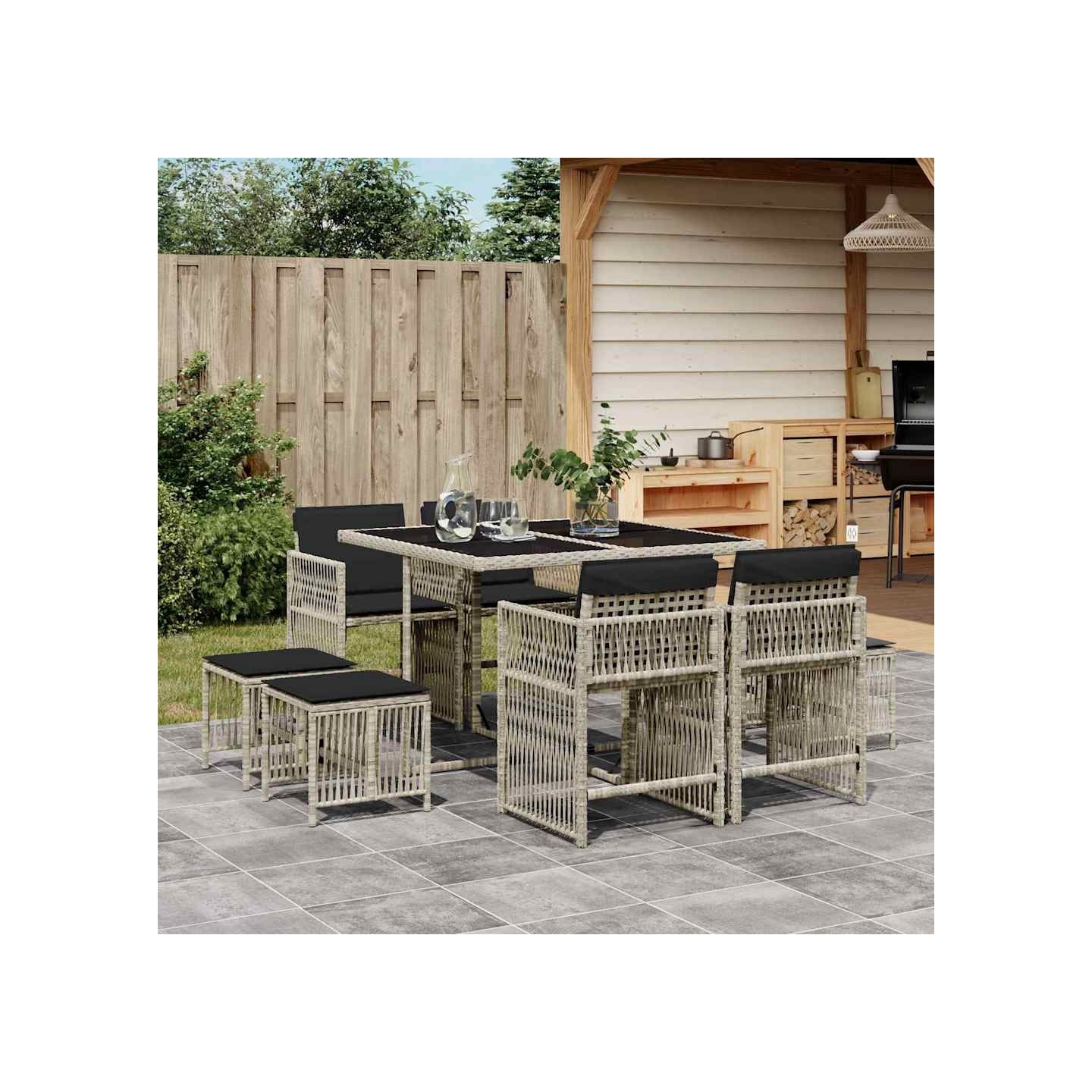 Ensemble à manger de jardin et coussins 9 pcs gris clair rotin