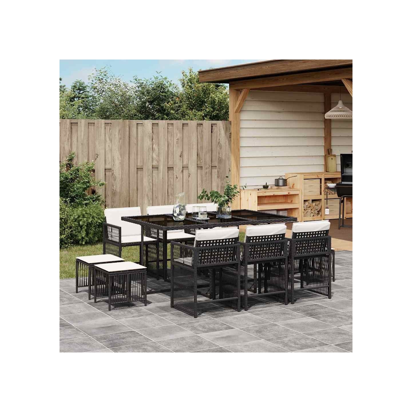 Ensemble à manger de jardin 11 pcs coussins noir résine tressée