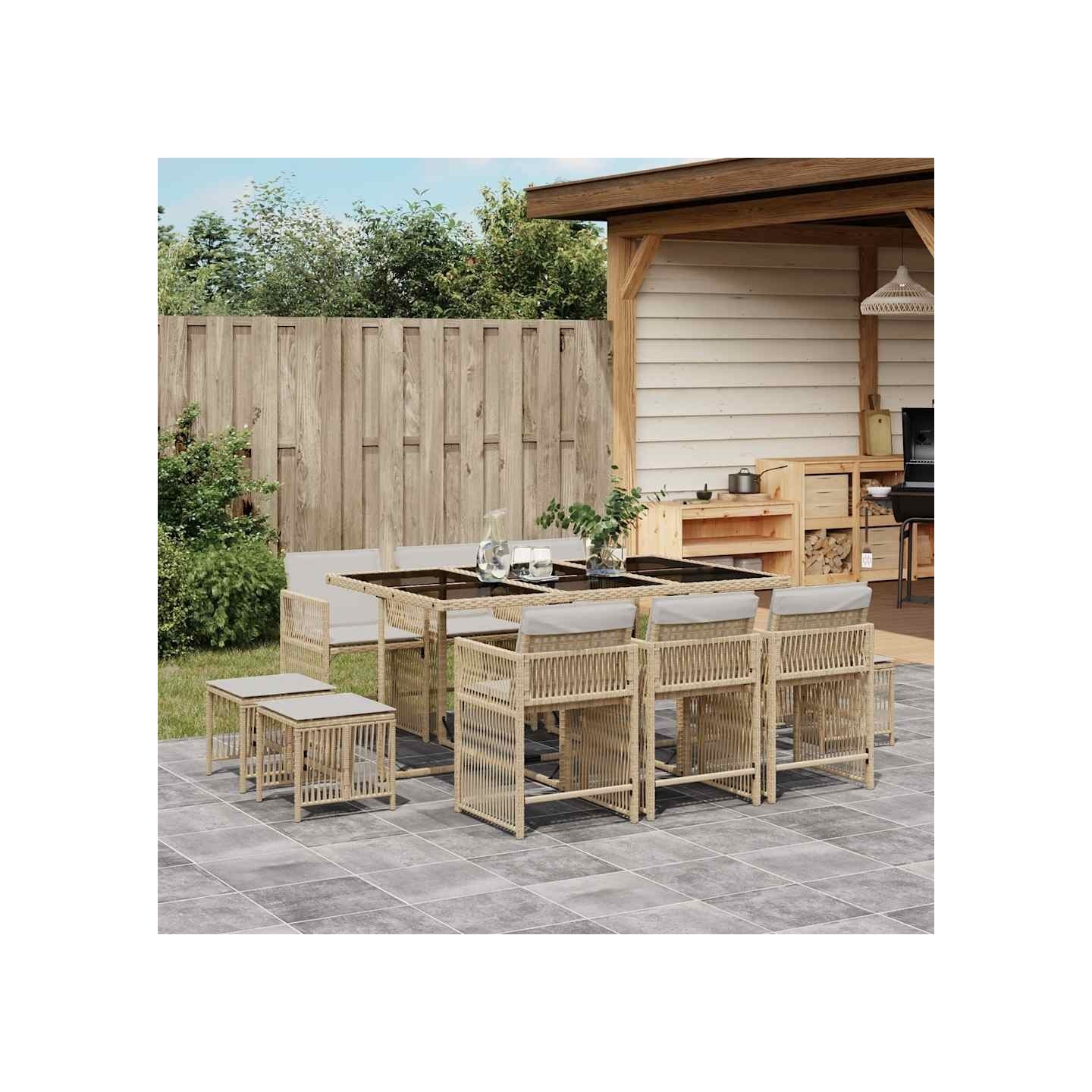 Ensemble à manger de jardin et coussins 11 pcs beige poly rotin