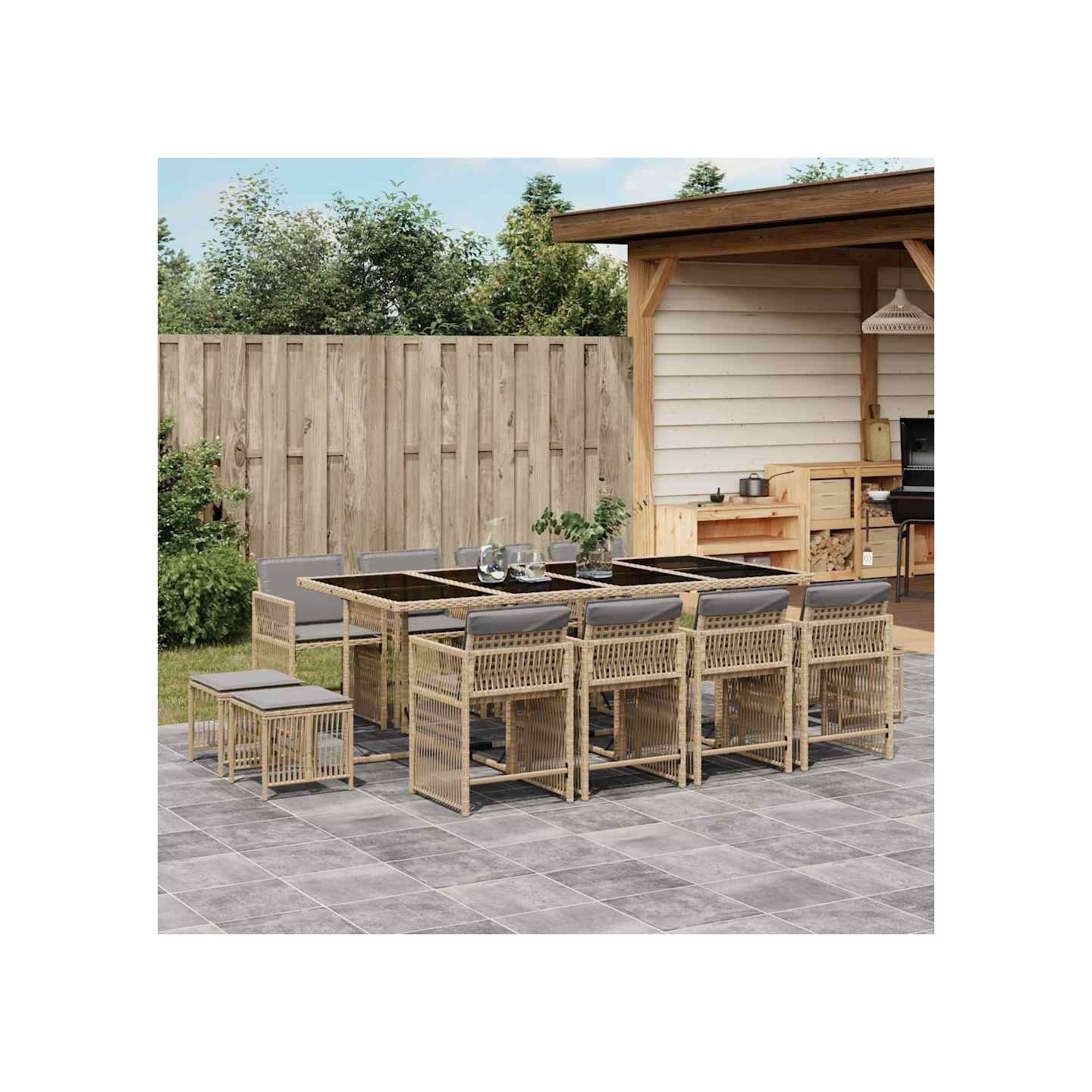 Ensemble à manger de jardin coussins 13 pcs mélange beige rotin