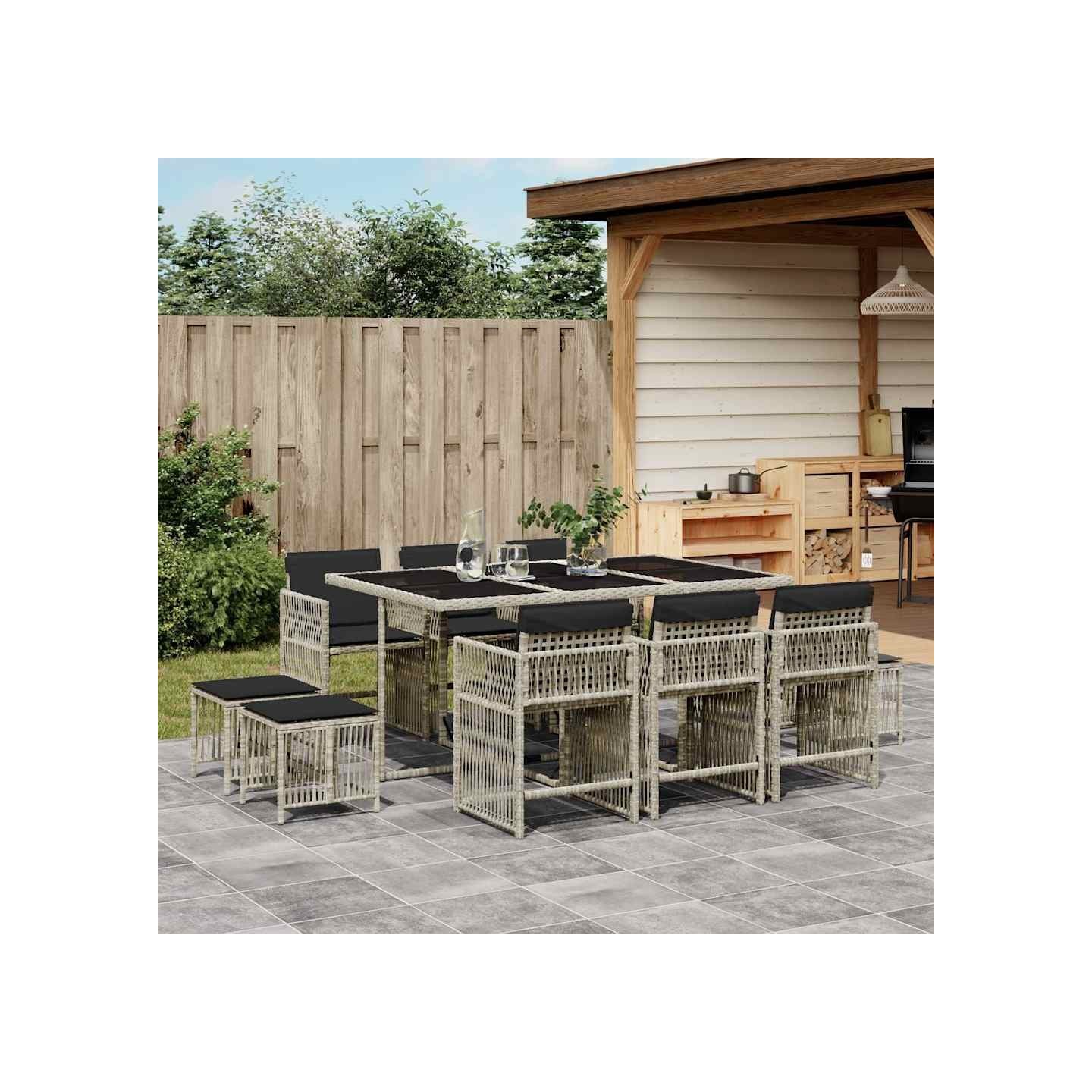 Ensemble à manger de jardin 11pcs avec coussins gris poly rotin