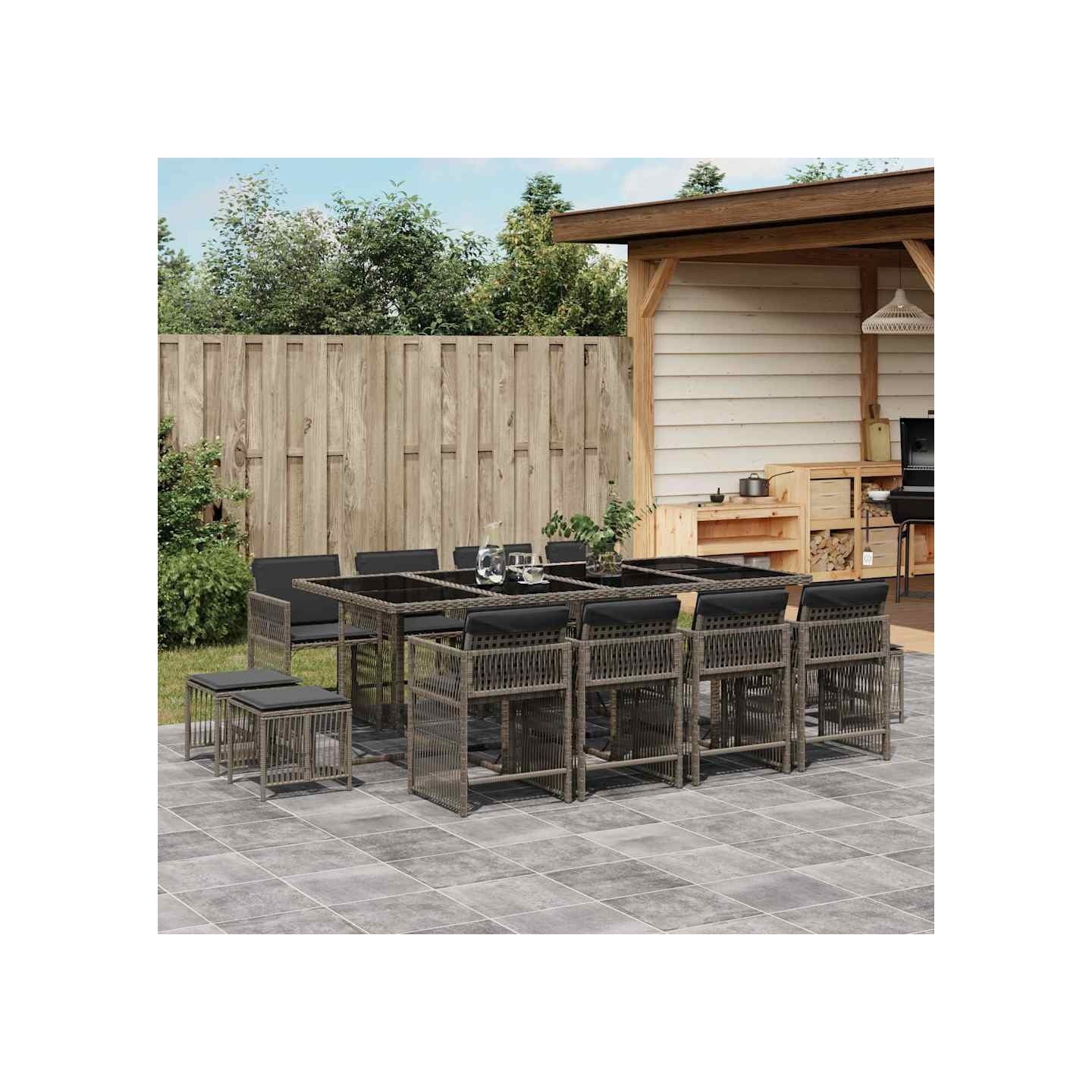 Ensemble à manger de jardin coussins 13 pcs gris résine tressée