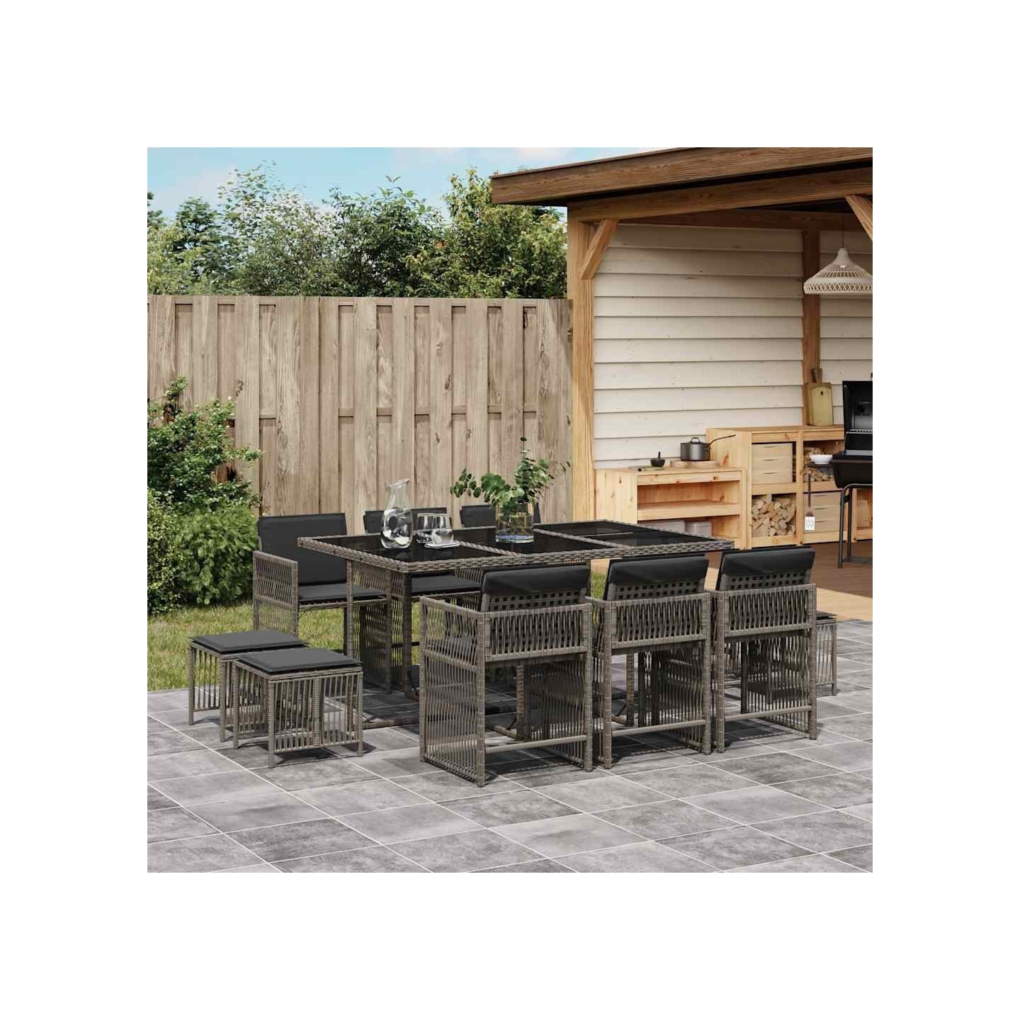 Ensemble à manger de jardin 11pcs avec coussins gris poly rotin