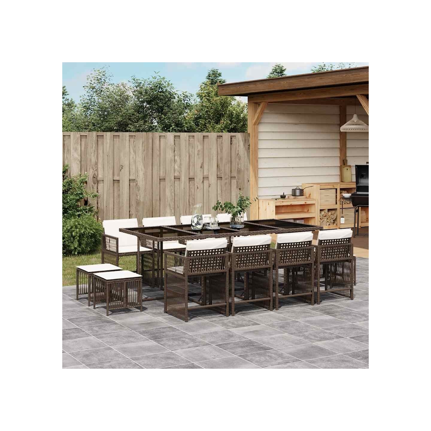Ensemble à manger de jardin avec coussins 13 pcs marron rotin