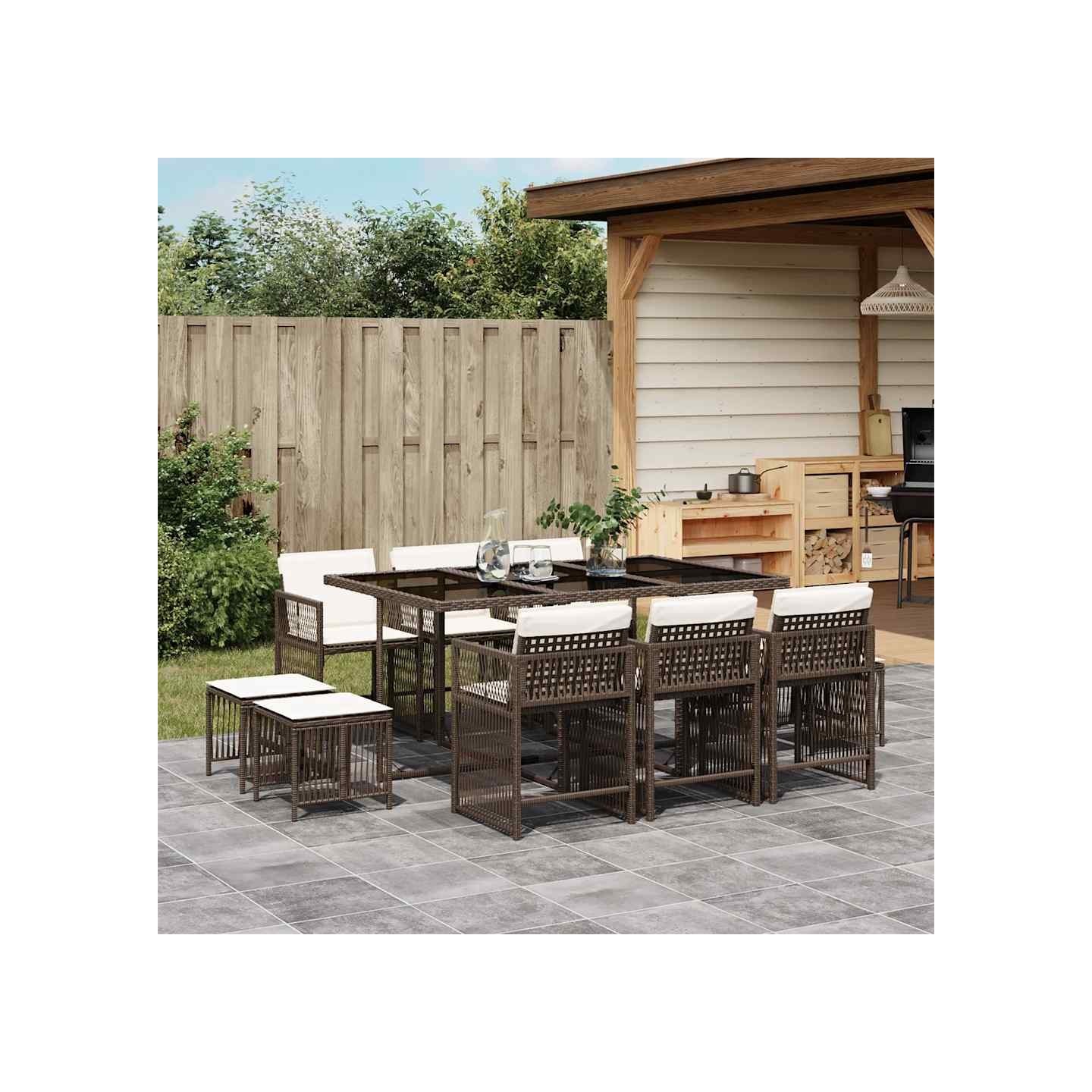 Ensemble à manger de jardin et coussins 11 pcs marron rotin