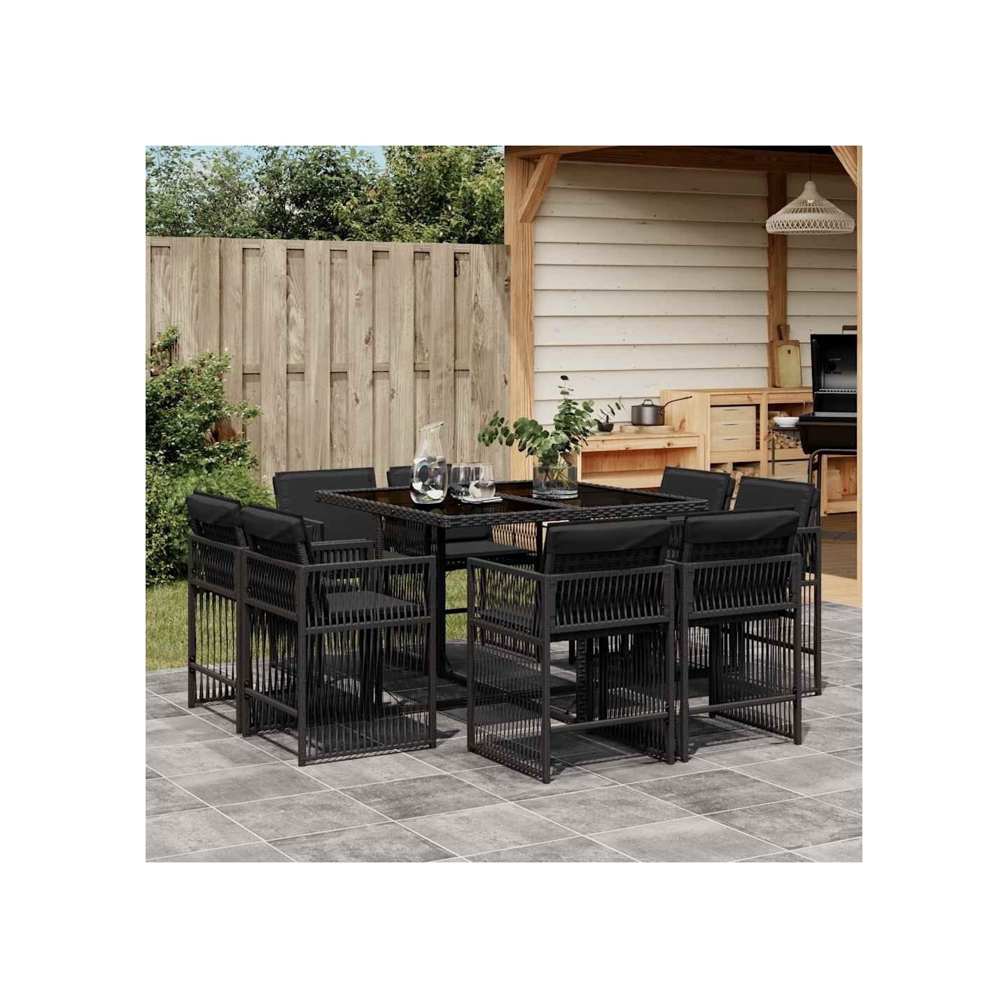 Ensemble à manger de jardin 9pcs coussins noir résine tressée