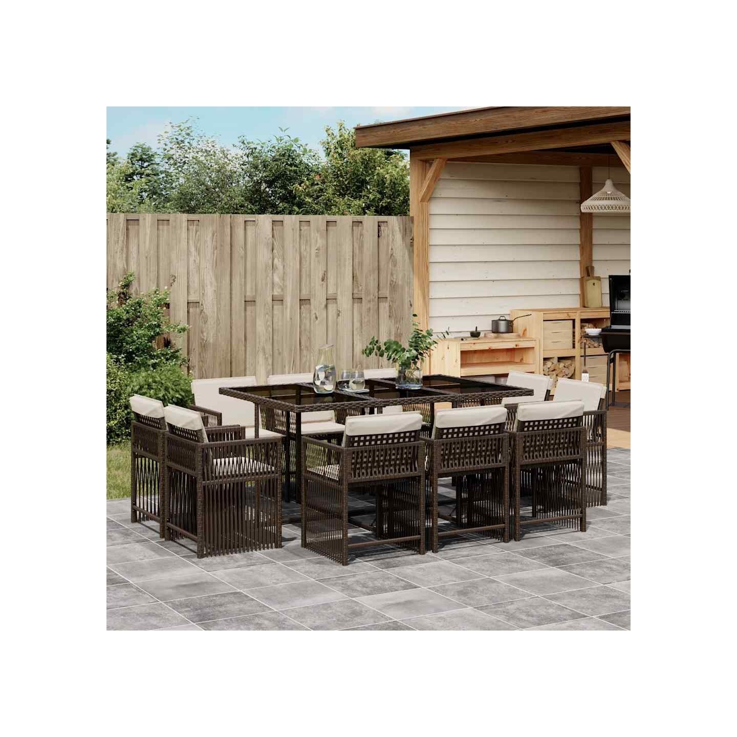 Ensemble à manger de jardin et coussins 11 pcs marron rotin