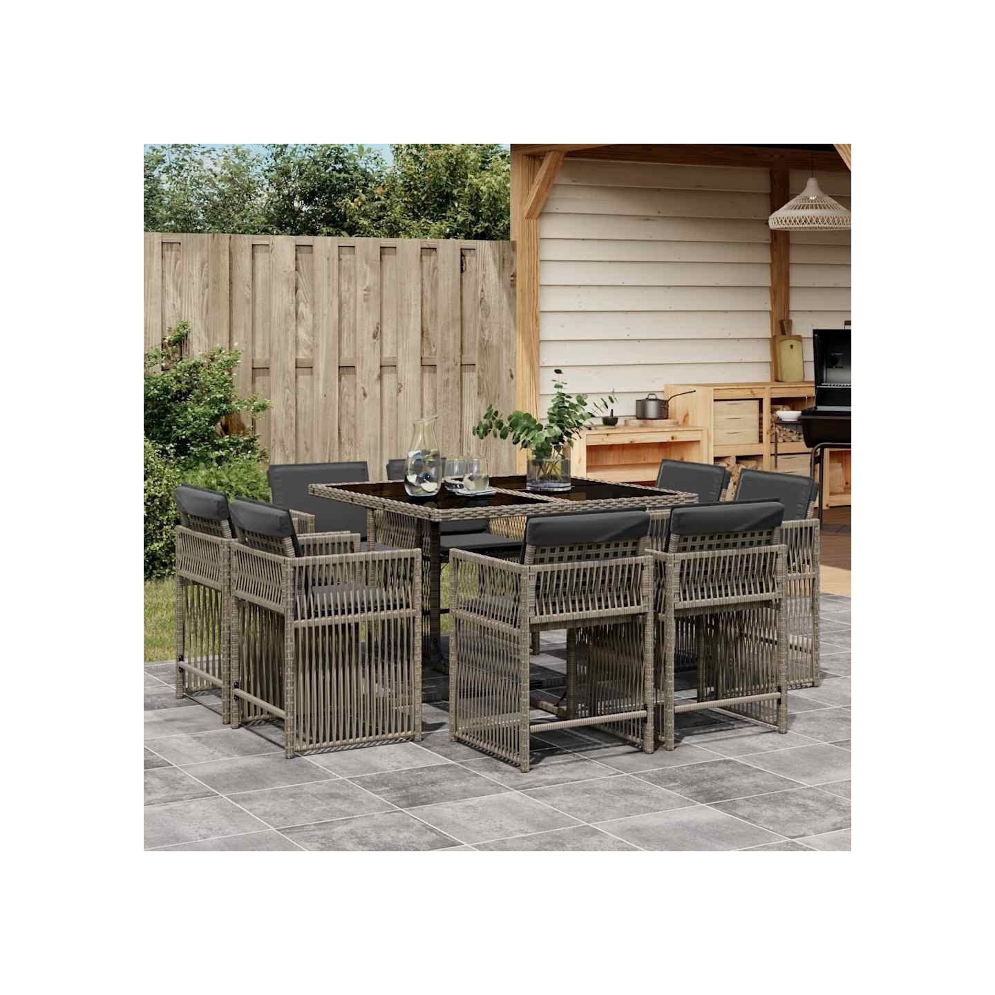 Ensemble à manger de jardin 9 pcs coussins gris résine tressée