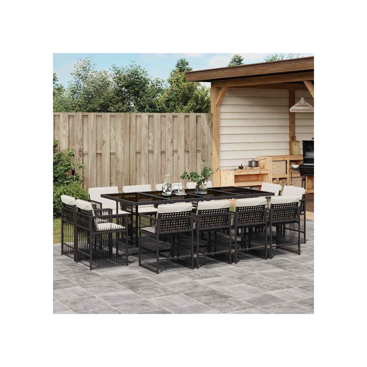 Ensemble à manger de jardin 13 pcs coussins noir résine tressée