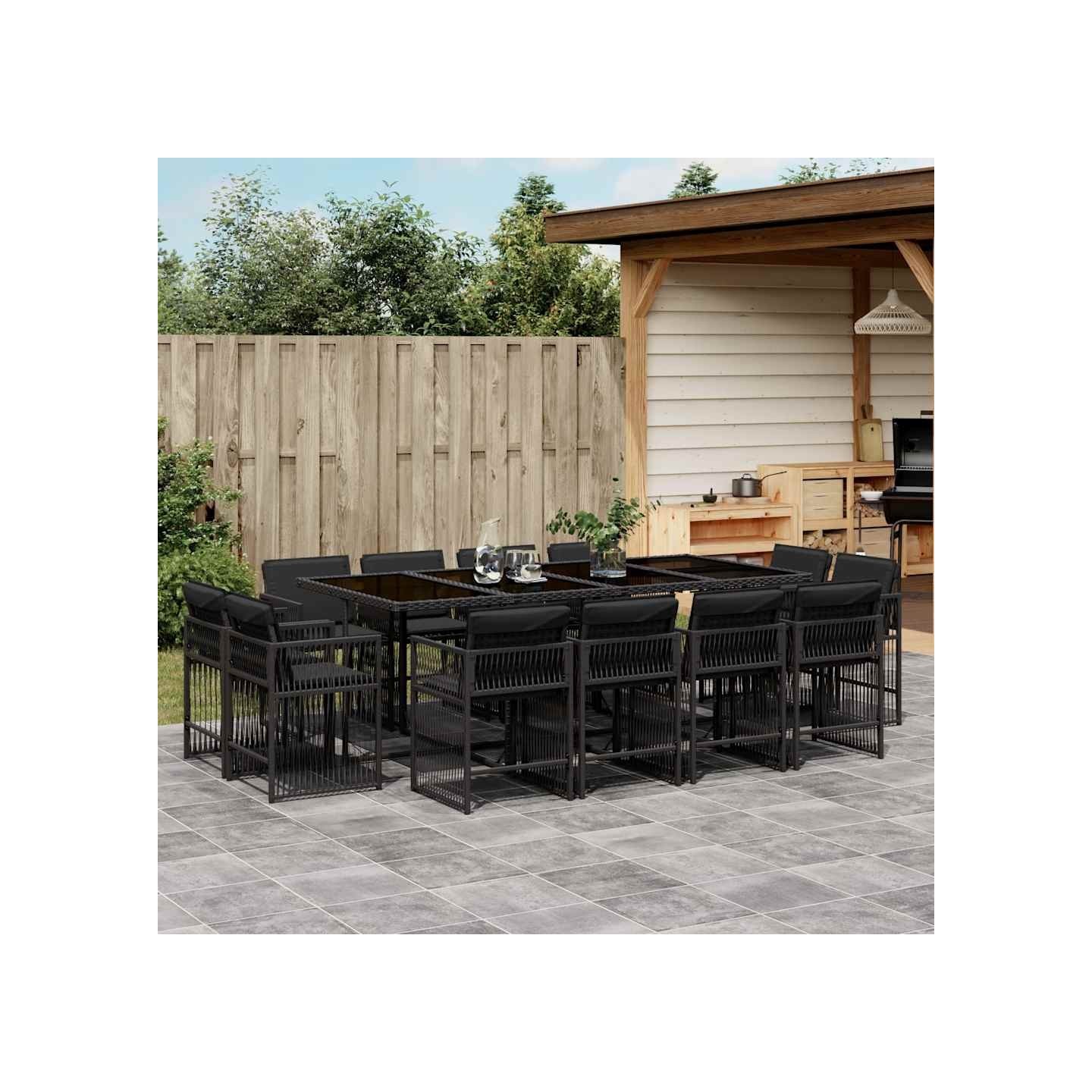 Ensemble à manger de jardin 13 pcs coussins noir résine tressée