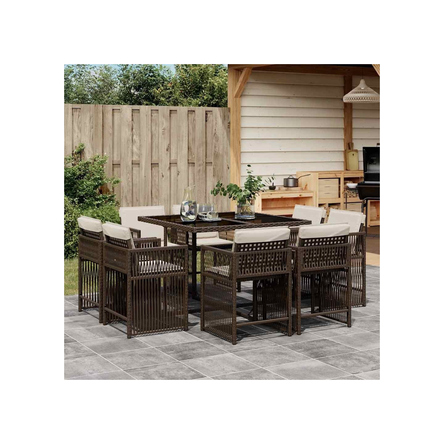 Ensemble à manger de jardin et coussins 9 pcs marron poly rotin