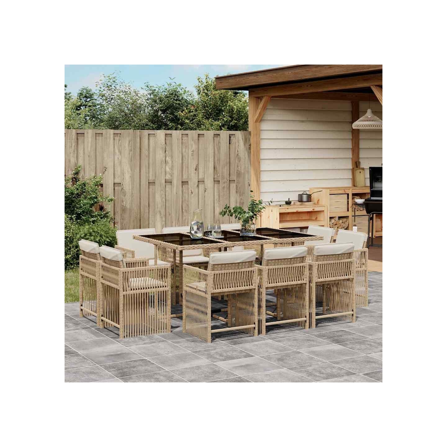 Ensemble à manger de jardin et coussins 11 pcs beige poly rotin