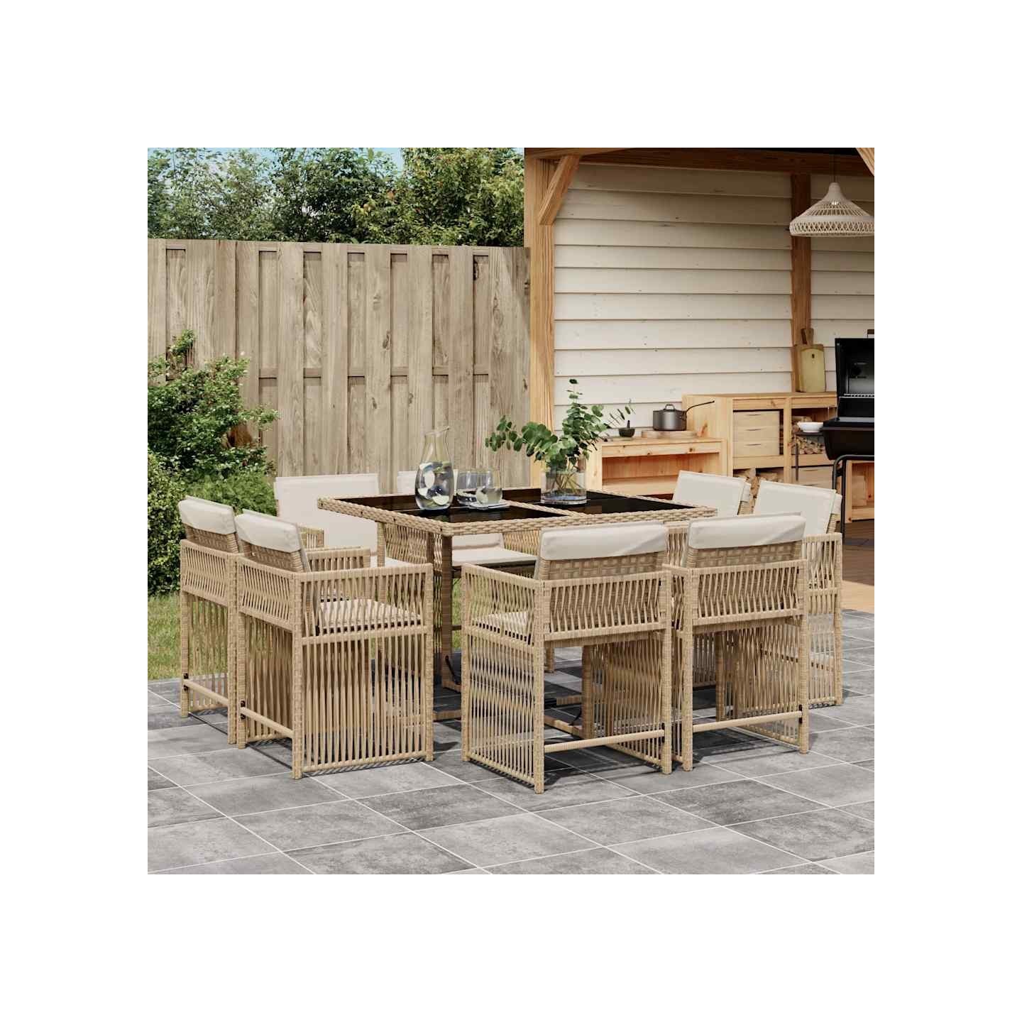 Ensemble à manger de jardin et coussins 9 pcs beige Poly rotin