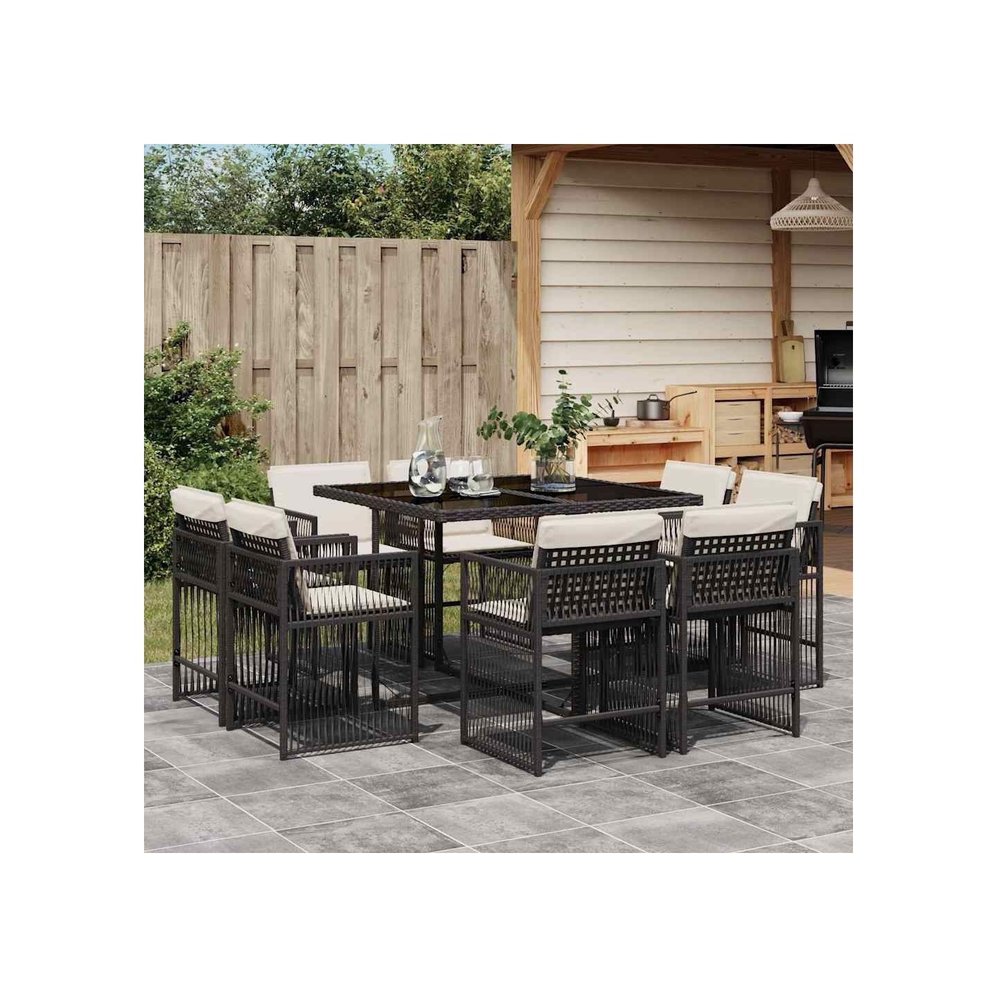 Ensemble à manger de jardin 9pcs coussins noir résine tressée