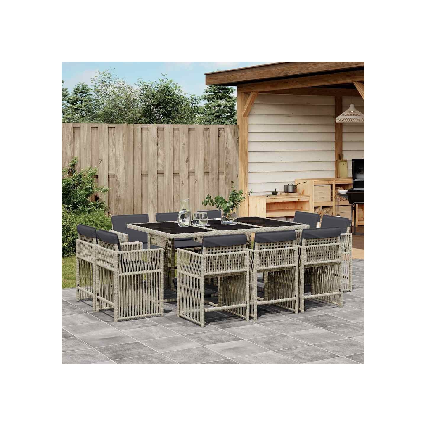 Ensemble à manger de jardin 11pcs avec coussins gris poly rotin