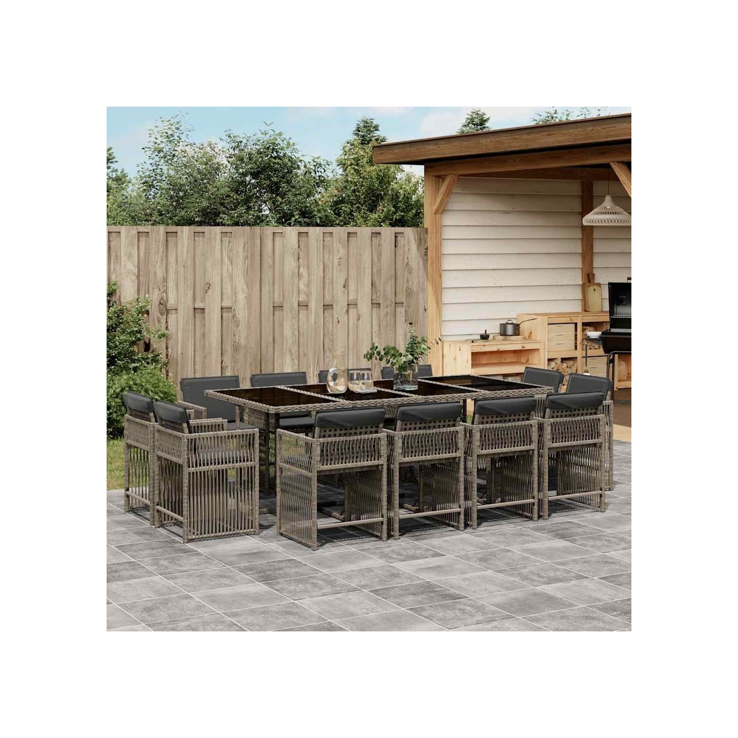 Ensemble à manger de jardin coussins 13 pcs gris résine tressée