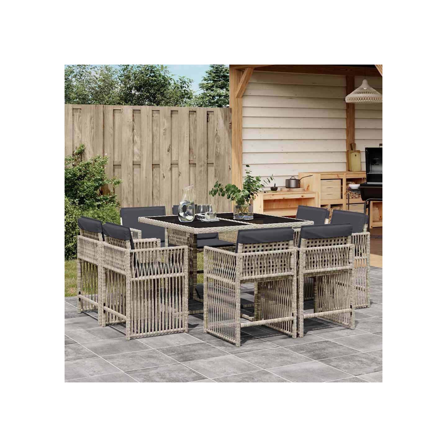 Ensemble à manger de jardin et coussins 9 pcs gris clair rotin
