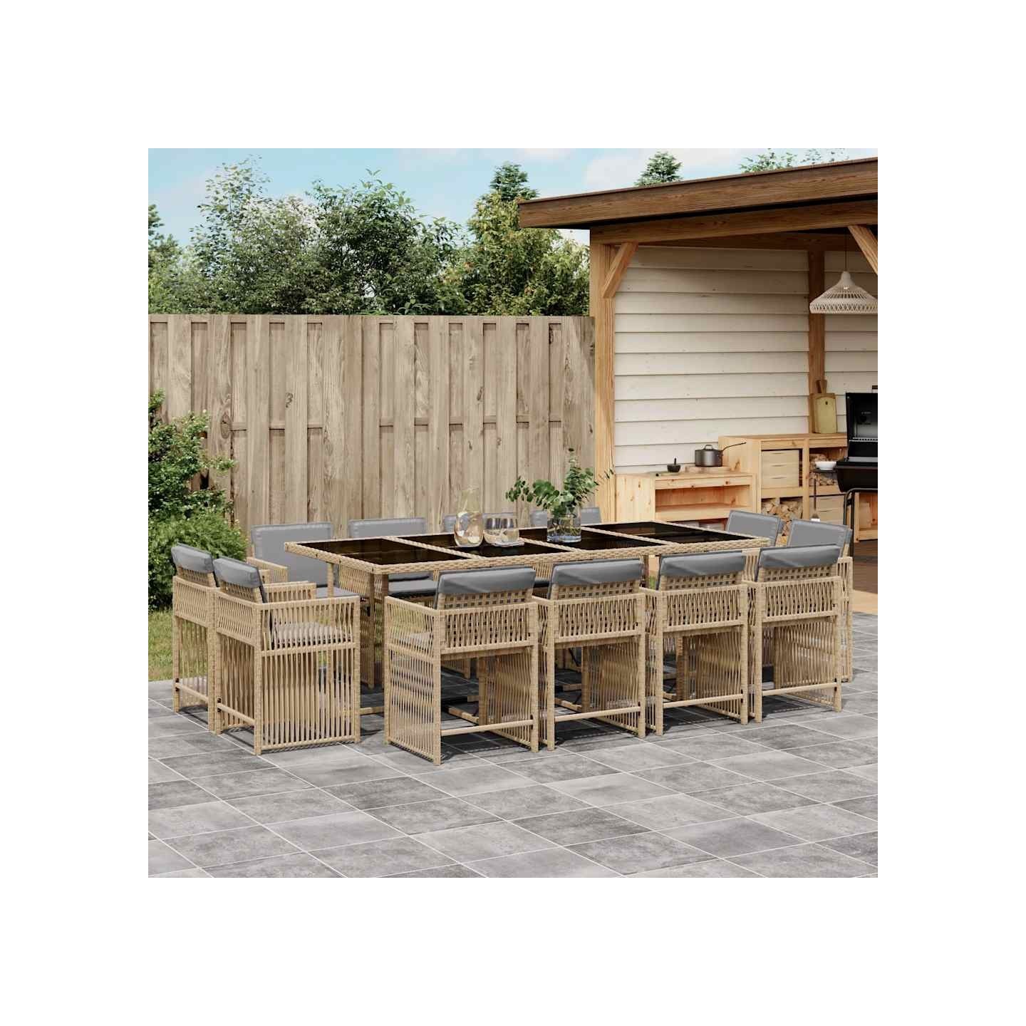 Ensemble à manger de jardin coussins 13 pcs mélange beige rotin