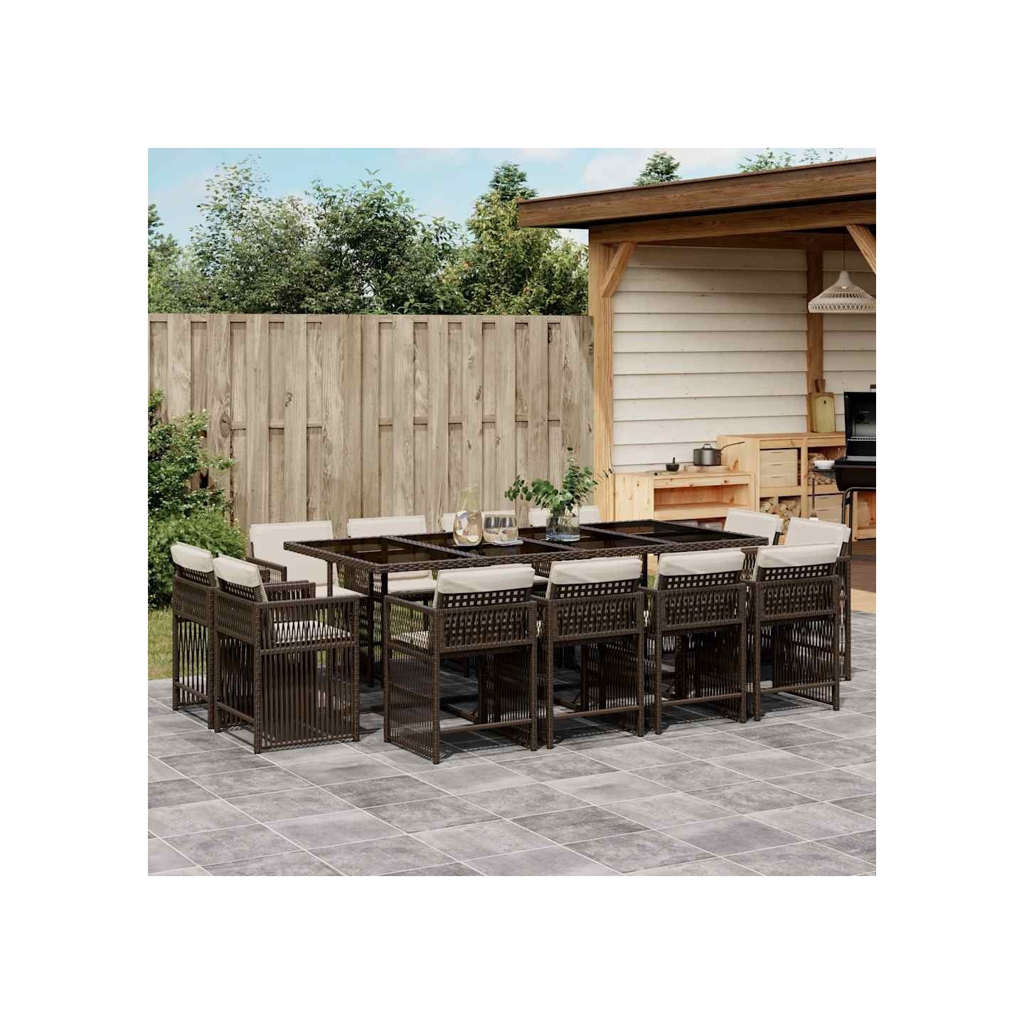 Ensemble à manger de jardin avec coussins 13 pcs marron rotin