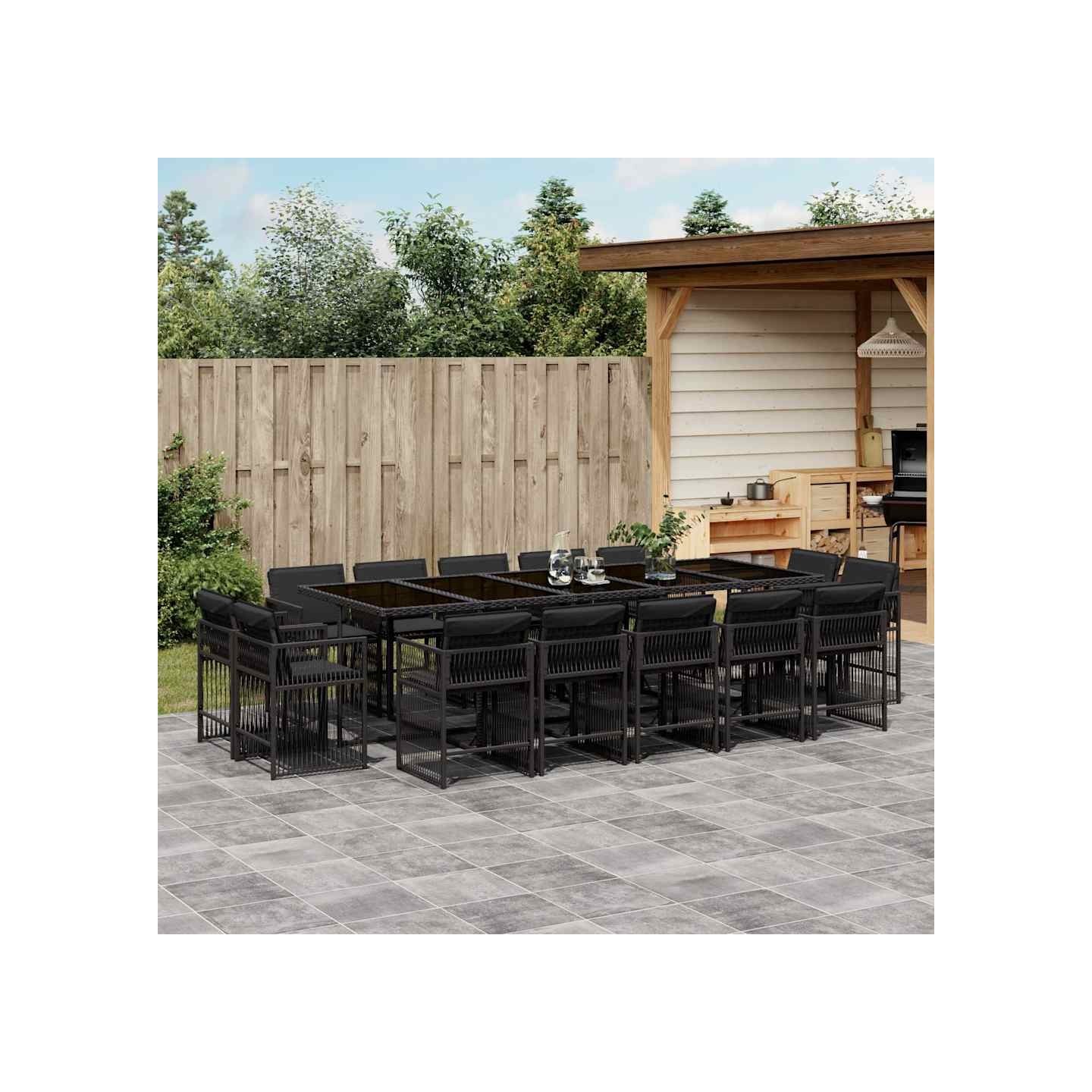 Ensemble à manger de jardin 15 pcs coussins noir résine tressée