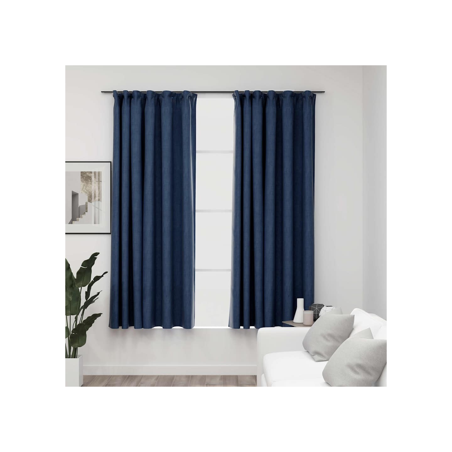 Rideaux occultants aspect lin avec crochets 2pcs Bleu 140x175cm